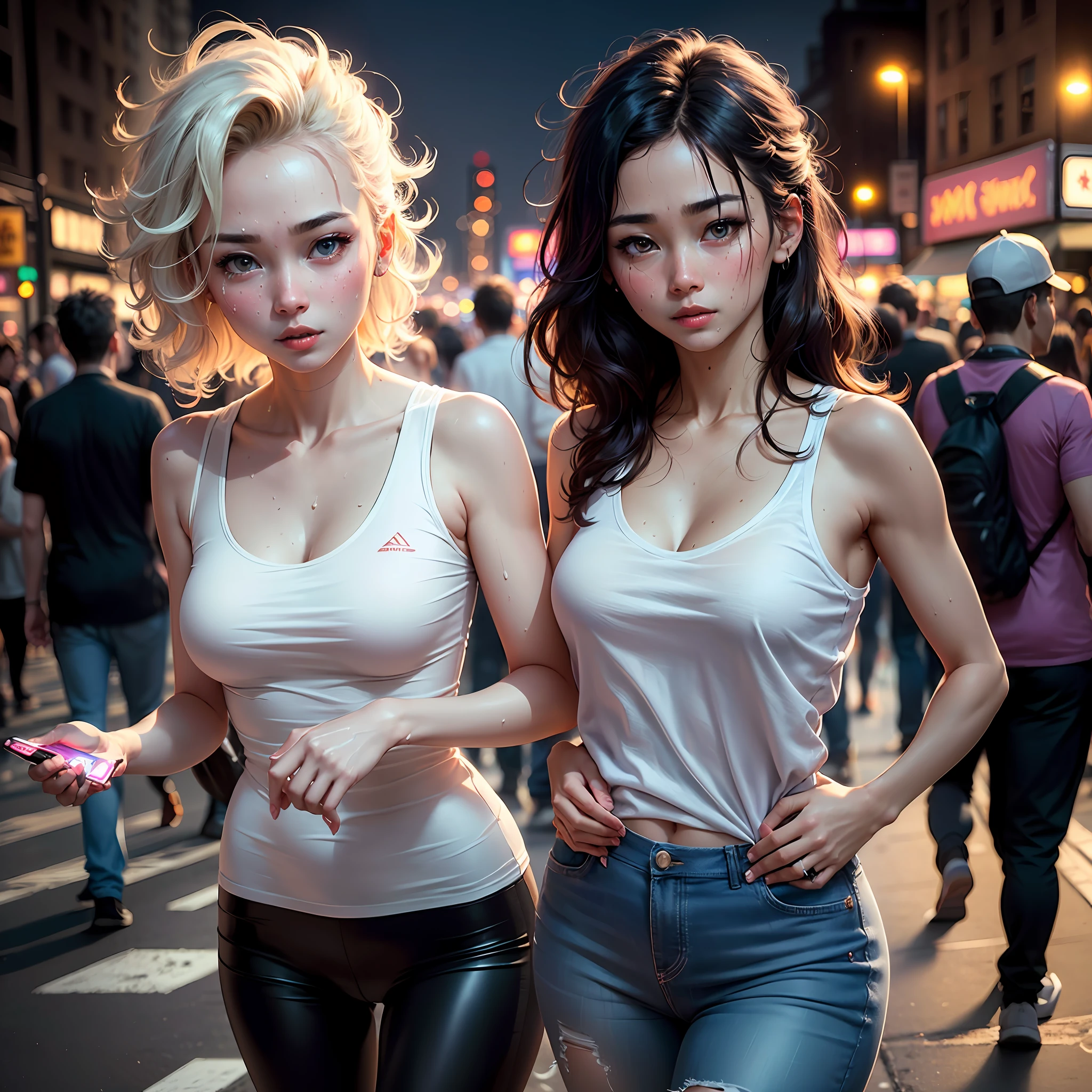 best quality, ultra high res, (photorealistic:1.4), 8k resolution, 1girl, (random hair:1.3), (realistic hair:1.2), (Korean ulzzang:1.2), (realistic eyes:1.2), (beauty face:1.3), slim body, white glowing skin, medium breast, cleavage, (sweaty face:1.2), (mid angle:1.3), (Random outfits), (at New York street:1.3), (at night:1.3), --auto