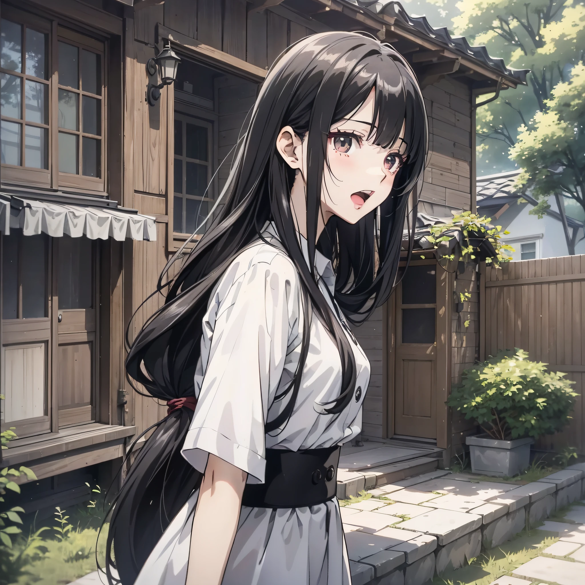 A woman in a white shirt with long black twisted hair stands in the yard in front of the house looking at the camera suit (open mouth 1.2) (upper body display 1.5) (girls 1.8) (cinematic light 1.5) (master masterpiece: 1.4), hyper detail, anime style 4 K, anime rendering, anime style. 8k，