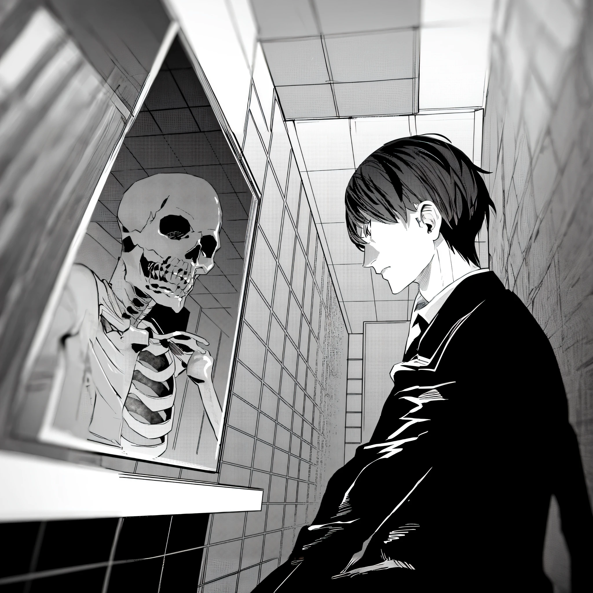 anime image of a man looking at a skeleton in a bathroom, horror manga, black and white manga, chainsaw man manga, black and white manga panel, black and white manga page, yagami light, black and white manga comic, subtle junji ito, black and white manga style, death note, junji ito style, light yagami, style of junji ito