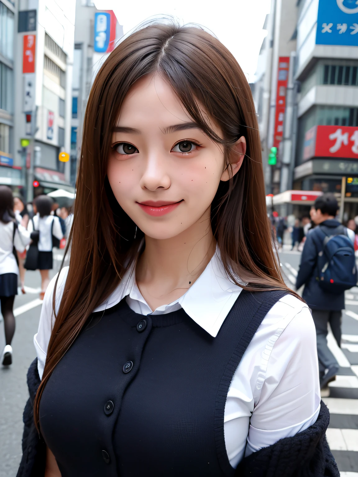 1girl, Tokyo streets, cityscape, upper body, 8k, RAW photo, best quality, masterpiece, real, photorealistic, smile, schoolgirl uniform, cute,