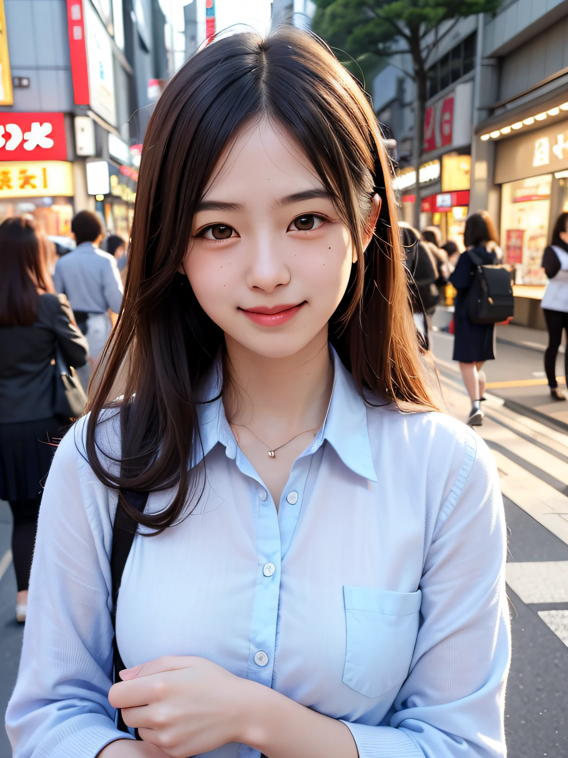 1girl, Tokyo streets, cityscape, upper body, 8k, RAW photo, best quality, masterpiece, real, photorealistic, smile, schoolgirl uniform, cute,