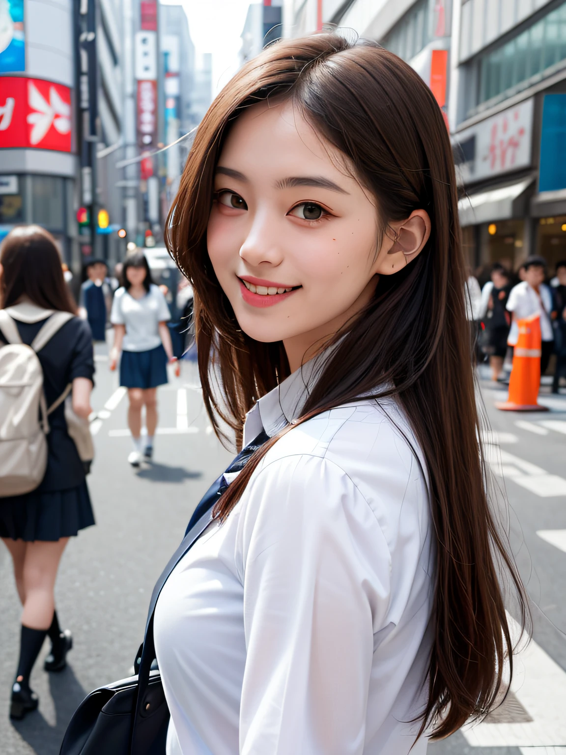 1girl, Tokyo streets, cityscape, upper body, 8k, RAW photo, best quality, masterpiece, real, photorealistic, smile, schoolgirl uniform, cute,