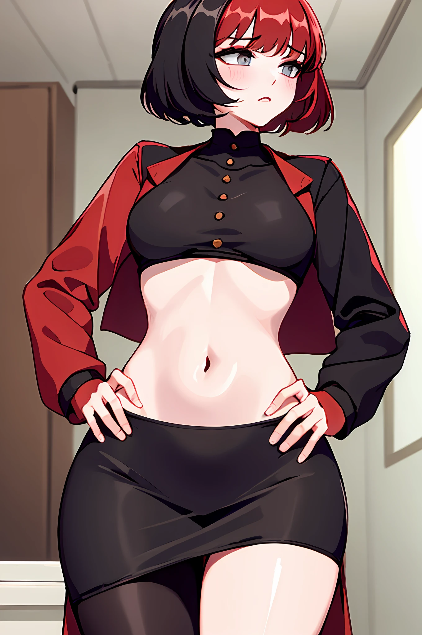 ((masterpiece, Best Quality))), Hitch, solo, 1girl, ((red hair, black hair, multicolored hair)), (white shirt, red jacket, black tie, extra long sleeves, skirt, tight skirt), short hair, white tights, sitting, (close-up of the body, big hips, bare belly), very detailed, sad, slightly blurred background, (looking to the side, head slightly turned, looking in the mirror), hands folded together,