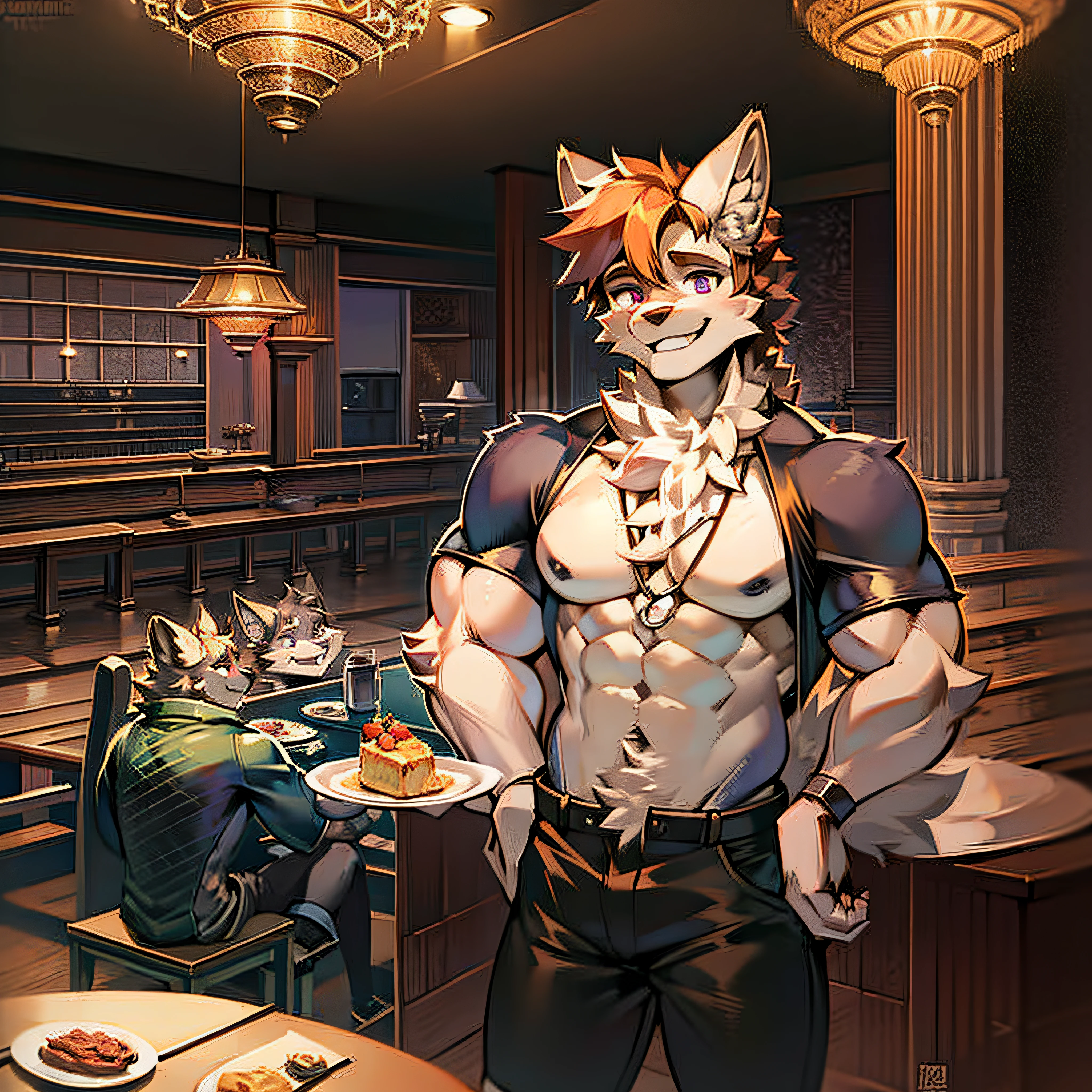 Hotel, cat ears, cat tail, dining table, orange hair, green fluffy tail, full body hair, smile, single, holding dinner plate, wearing waiter's clothes, black pants, hotel lobby, boy, wearing a pair of black shoes, purple eyes, muscles