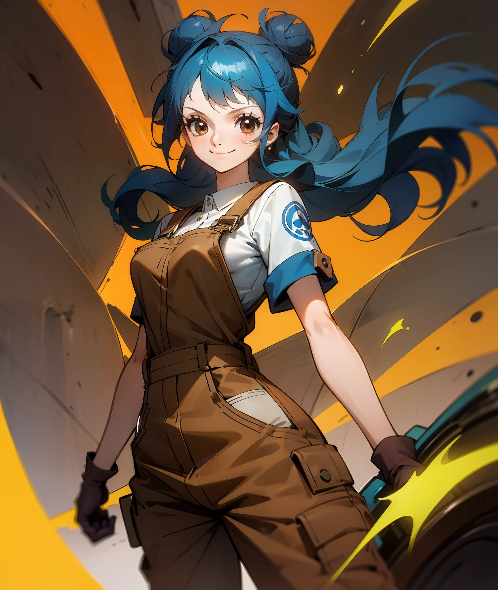 1girl, blue hair, long hair, hair in buns, brown overalls, messy hair, brown eyes, goggles, brown gloves, confident, energetic, engineer, cute, smile