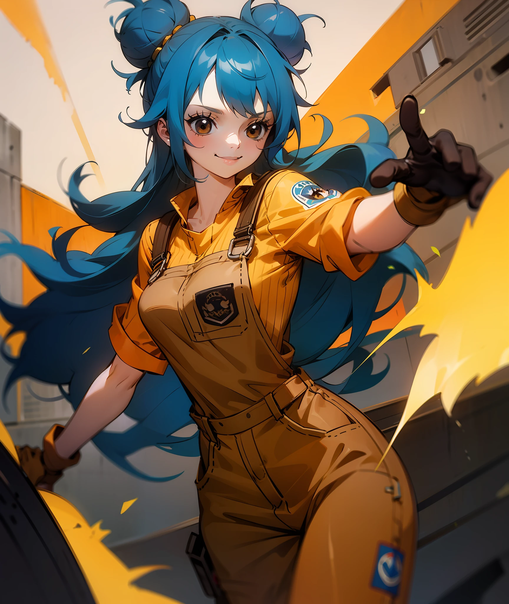 1girl, blue hair, long hair, hair in buns, brown overalls, messy hair, brown eyes, goggles, brown gloves, confident, energetic, engineer, cute, smile