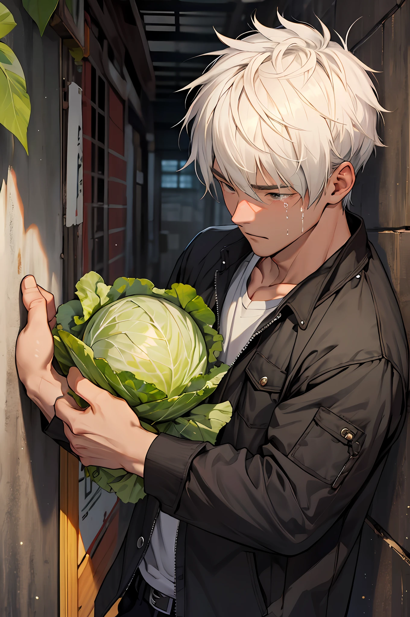 Artistic, masterpiece, a crying, holding cabbage, handsome, short white hair, boy