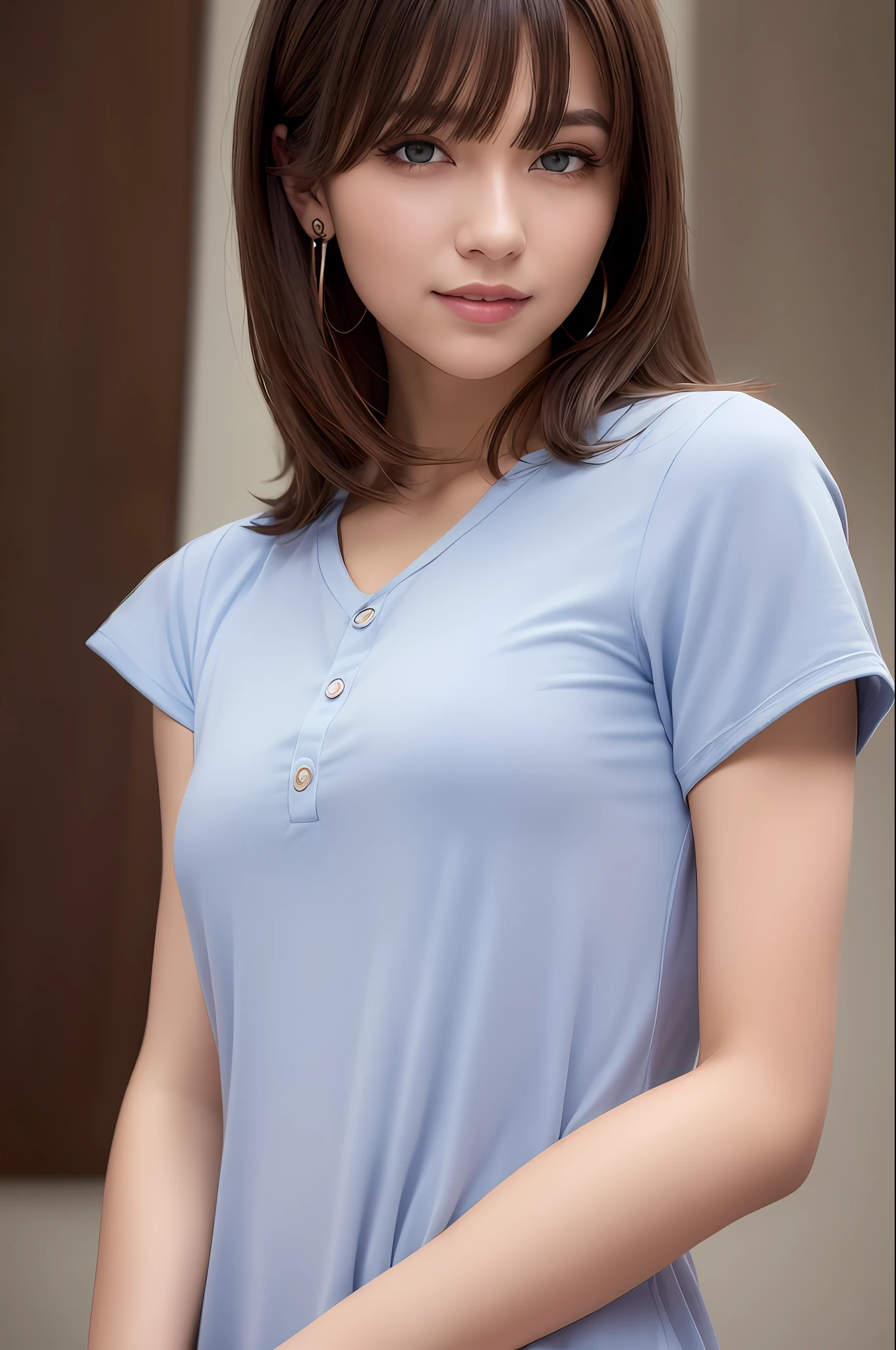 (RAW photo:1.2),(photorealistic:1.4),(masterpiece:1.3),(best quality:1.4),ultra high res, HDR,8k resolution, dreamlike, check commentary, commentary requests, scenery,((no text)), solo focus, (eye detail), (facial features), (dress detail), firming, (shiny skin), (slender), (slim), (beauty), 1boy, virtualgirl-ren, young, bangs, brunette hair, blue eyes, stud earrings, loose shirt, smile, shy, cute, looking straight into camera,