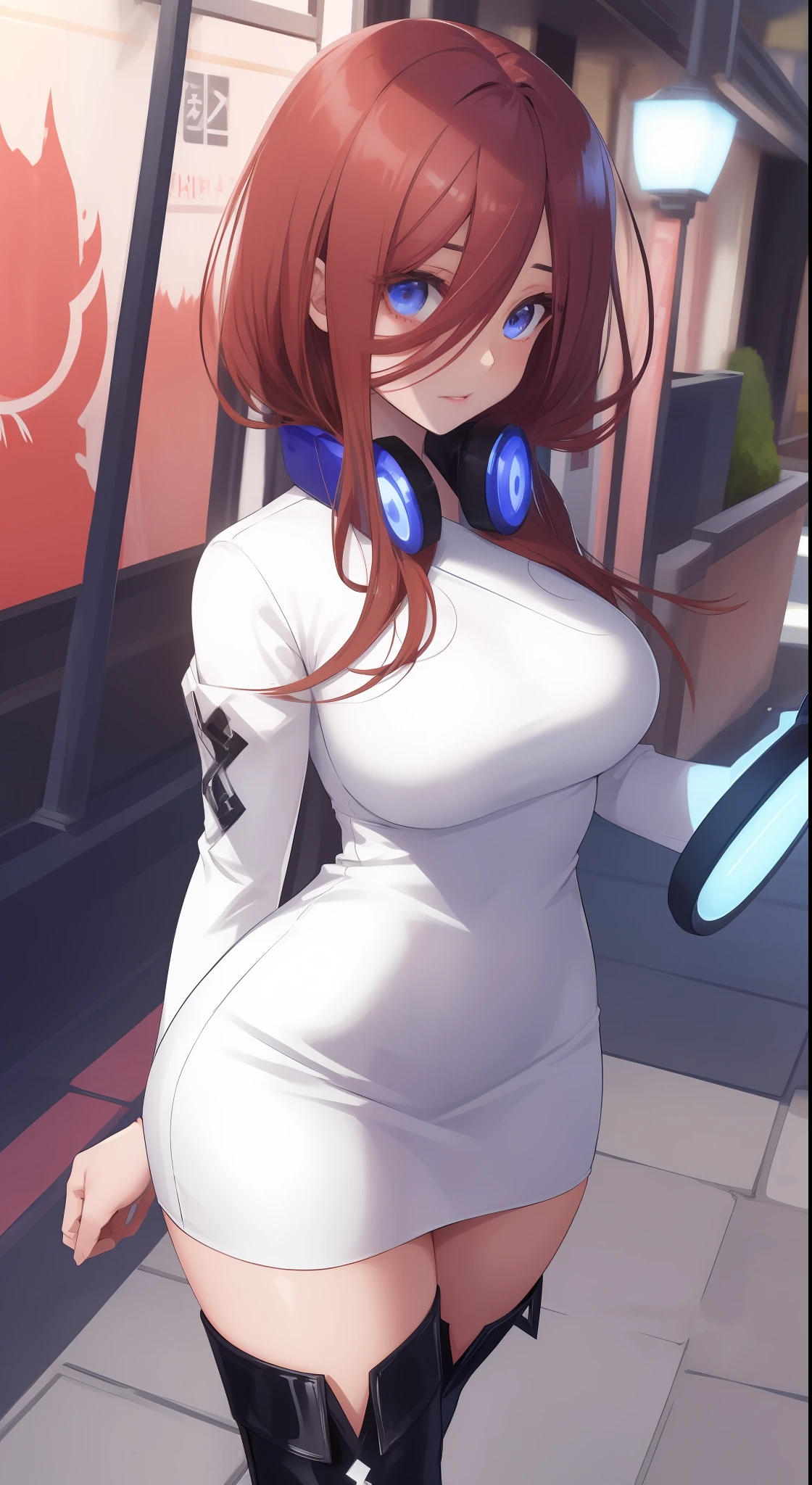 A woman in a white dress and black boots walking down a street, sexy dress, tight attire, succubus in tight short dress, tracer in a tight dress, very sexy outfit, intriguing outfit, sexy outfit, revealing outfit, perfectly shaded body, seductive anime girl, tight outfit, tight dress, bright white skin, tight dress, perfect body