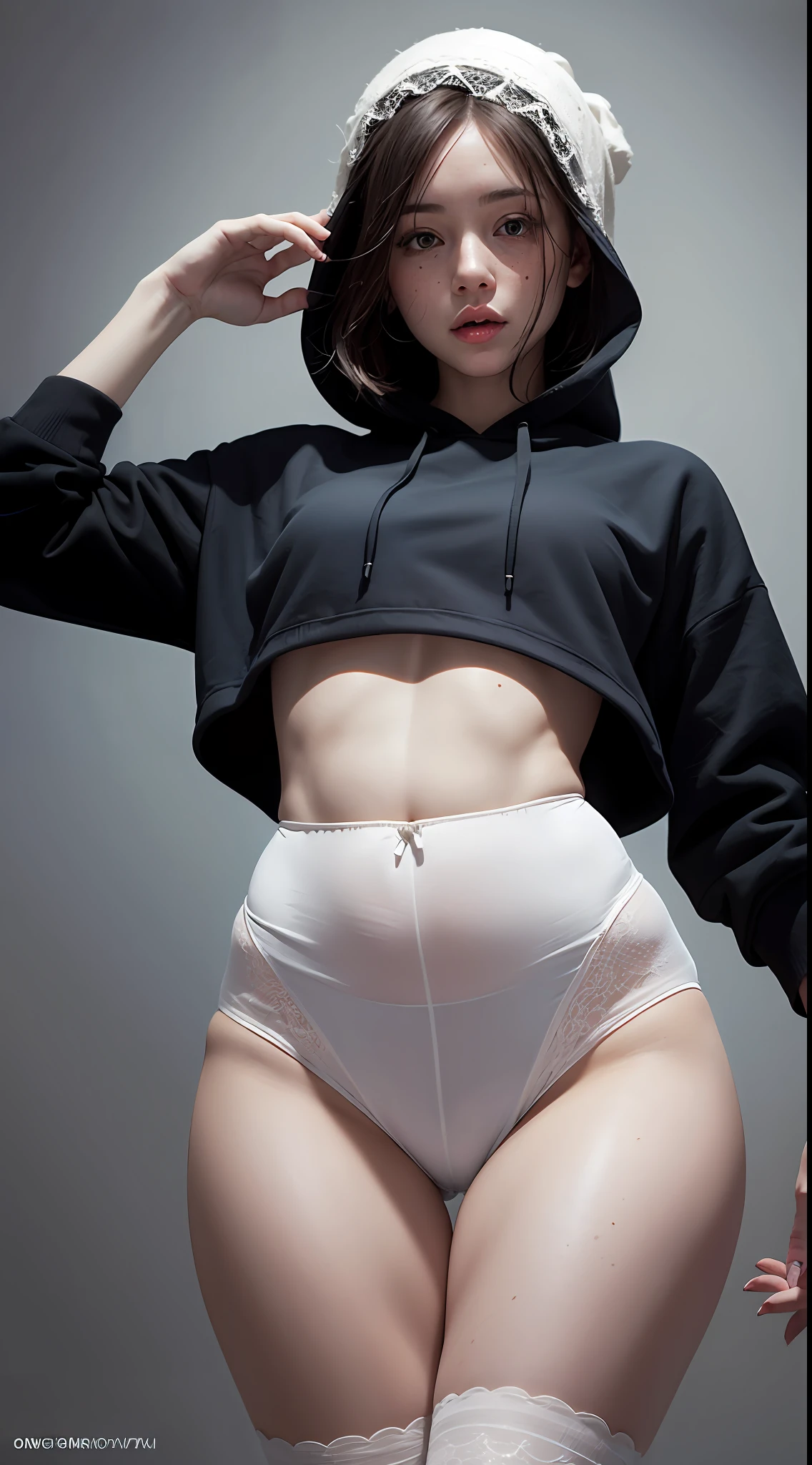 raw photo, intricate details, textured skin, dynamic pose, shot from below, 1girl, pale skin, drunk, beautiful, innocent, bonnet, freckles, small lips, black oversized hoody, small waist, (wide thigh gap:1.3), ????????, gray gradient background, best quality, 16k, masterpiece