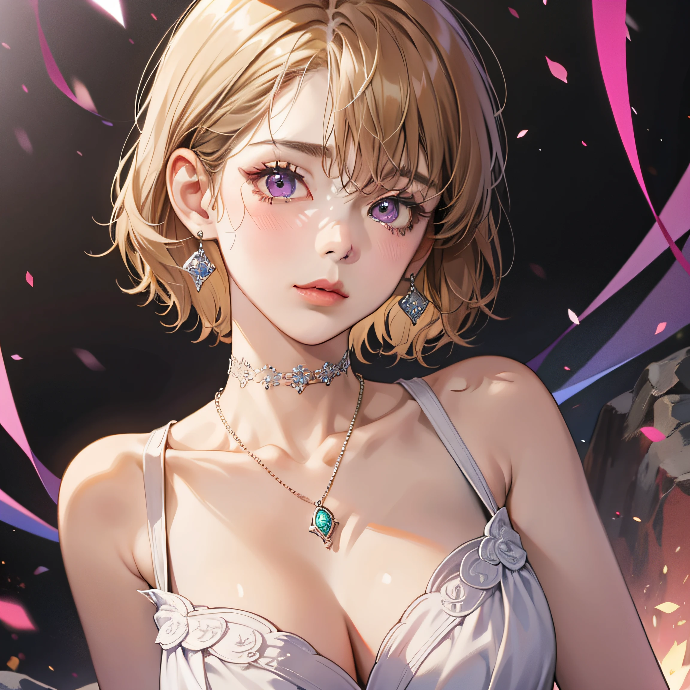 masterpiece, best quality,1girl, breasts, jewelry, cleavage, short hair, solo, earrings, dress, looking at viewer, purple eyes, collarbone, bare shoulders, necklace, choker, white dress, bangs, closed mouth, upper body, large breasts, v arms, glowing, curtains, indoors, gem, glowing eyes, sleeveless dress, blush, spaghetti strap, sleeveless, blurry, glint, pendant, bare arms, light particles, blurry background, Glowing eyes, dark room,Dark blond hair,(Korean comic style:1.1),Stone-faced,