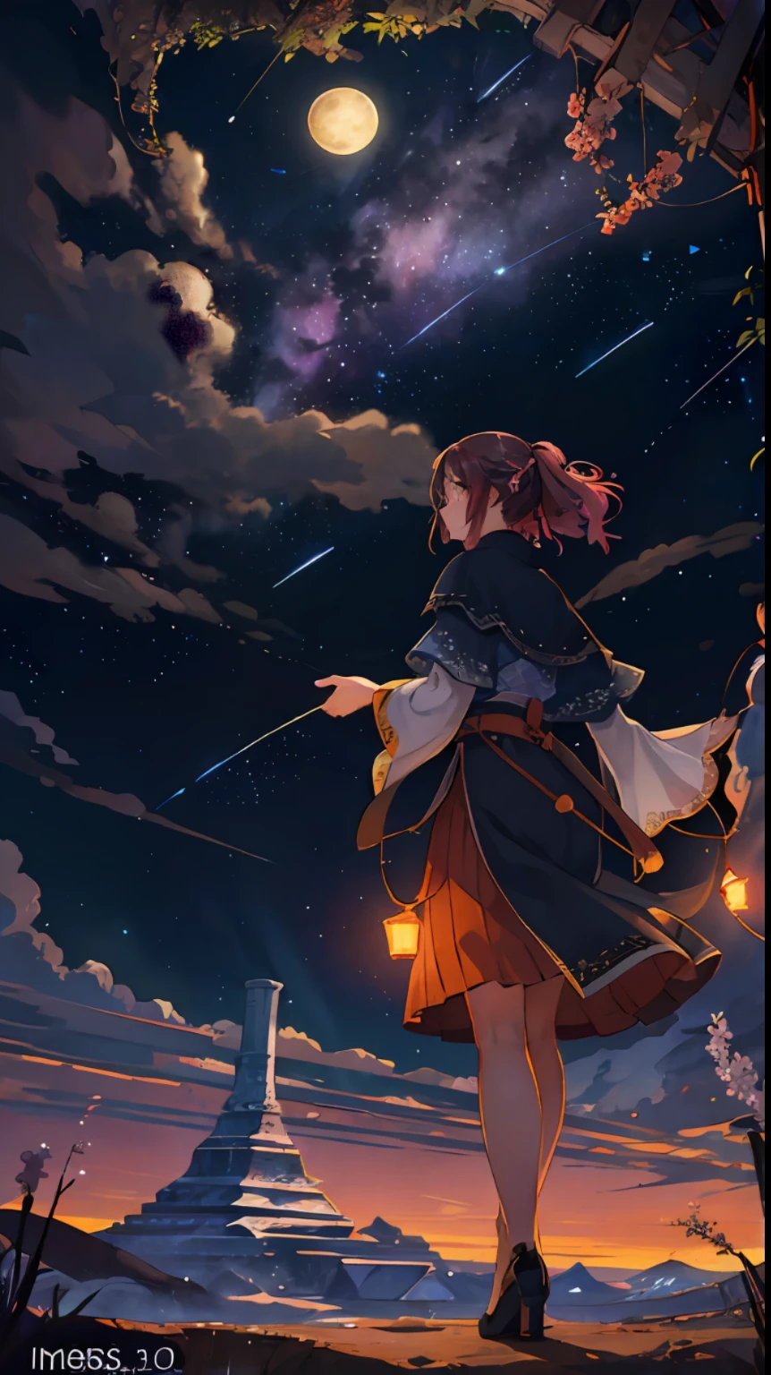 1girl, a distant girl gazing at the stars in a Hanfu, (zoomed: 1.1), (meteor shower: 1.2), (comet: 1.1), your name, low angle, from behind, Northern Lights, meteors, yukata, red hanbok, cherry blossoms, standing in the field, the best quality, masterpiece, clouds, colorful, starry, stars, --auto