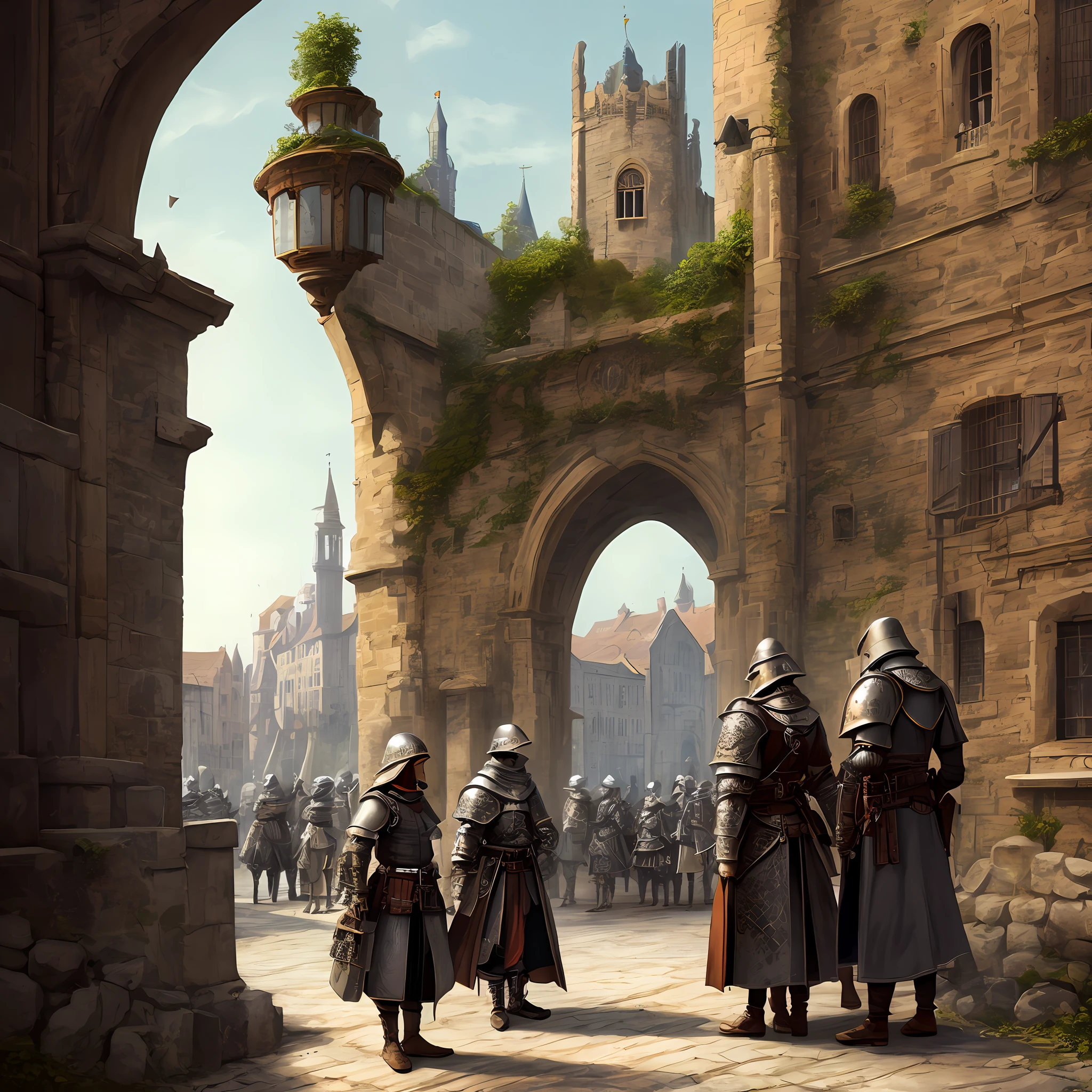 viewer behind action, a young, waiting in a queue of people, in front of a medieval city gate, two armored guards checking documents at the gate, outside the city, fantasy style, highly detailed