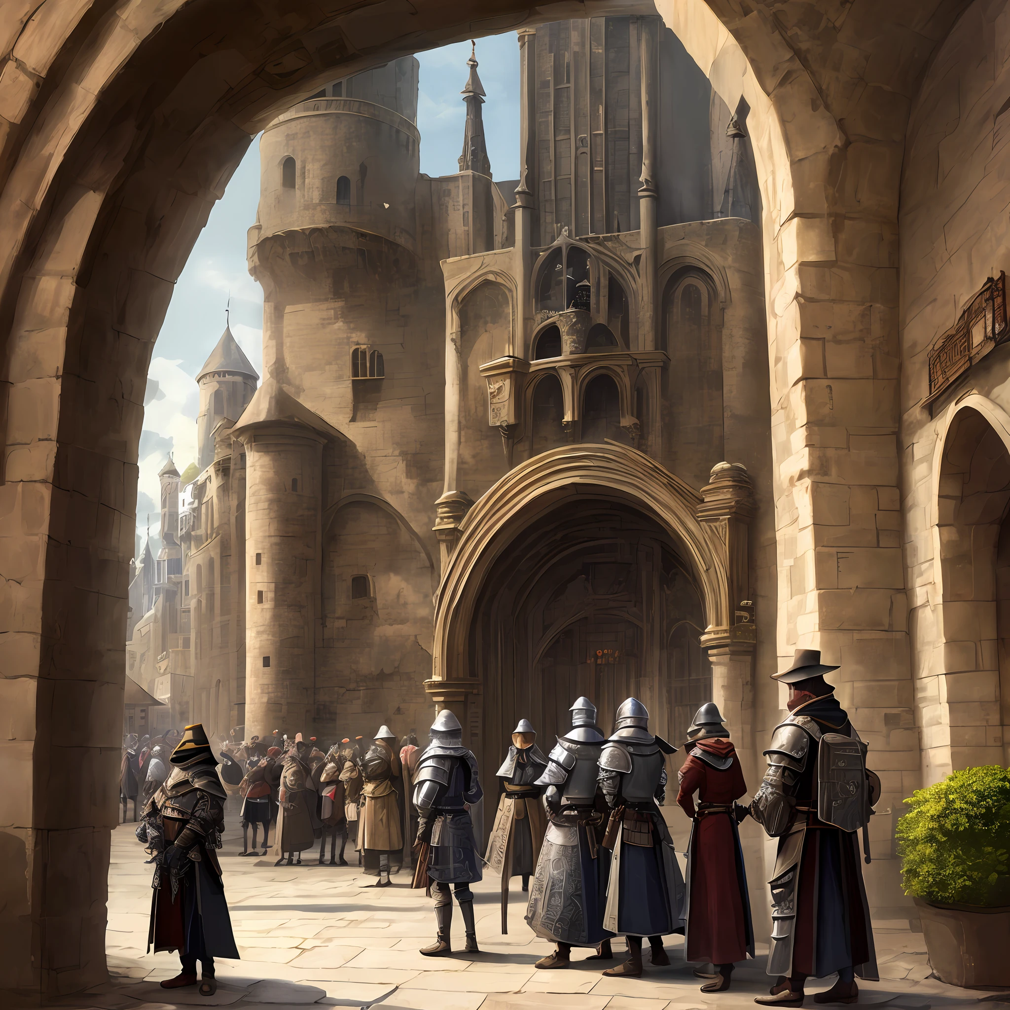 viewer behind action, a young, waiting in a queue of people, in front of a medieval city gate, two armored guards checking documents at the gate, outside the city, fantasy style, highly detailed