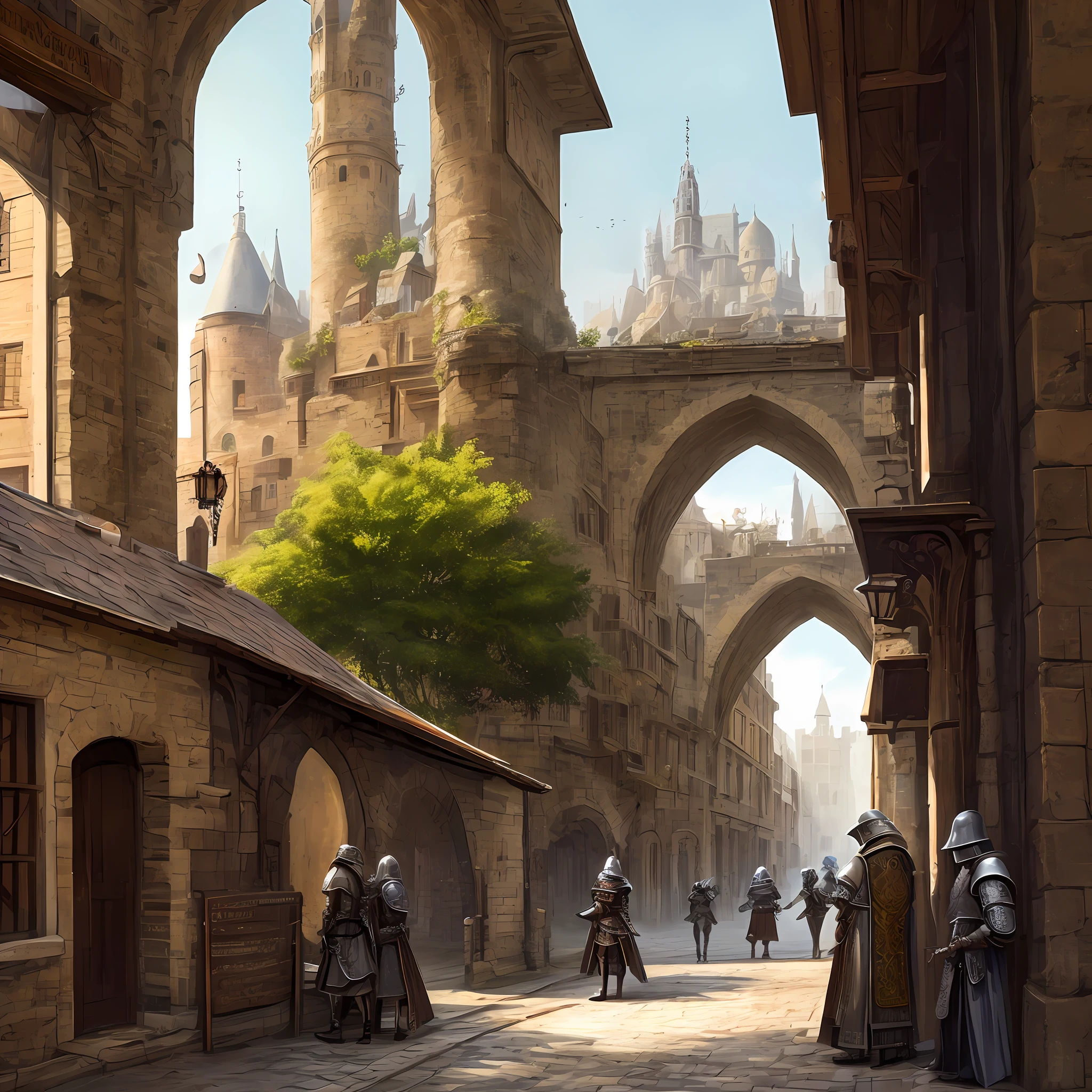 viewer behind action, a young, waiting in a queue of people, in front of a medieval city gate, two armored guards checking documents at the gate, outside the city, fantasy style, highly detailed