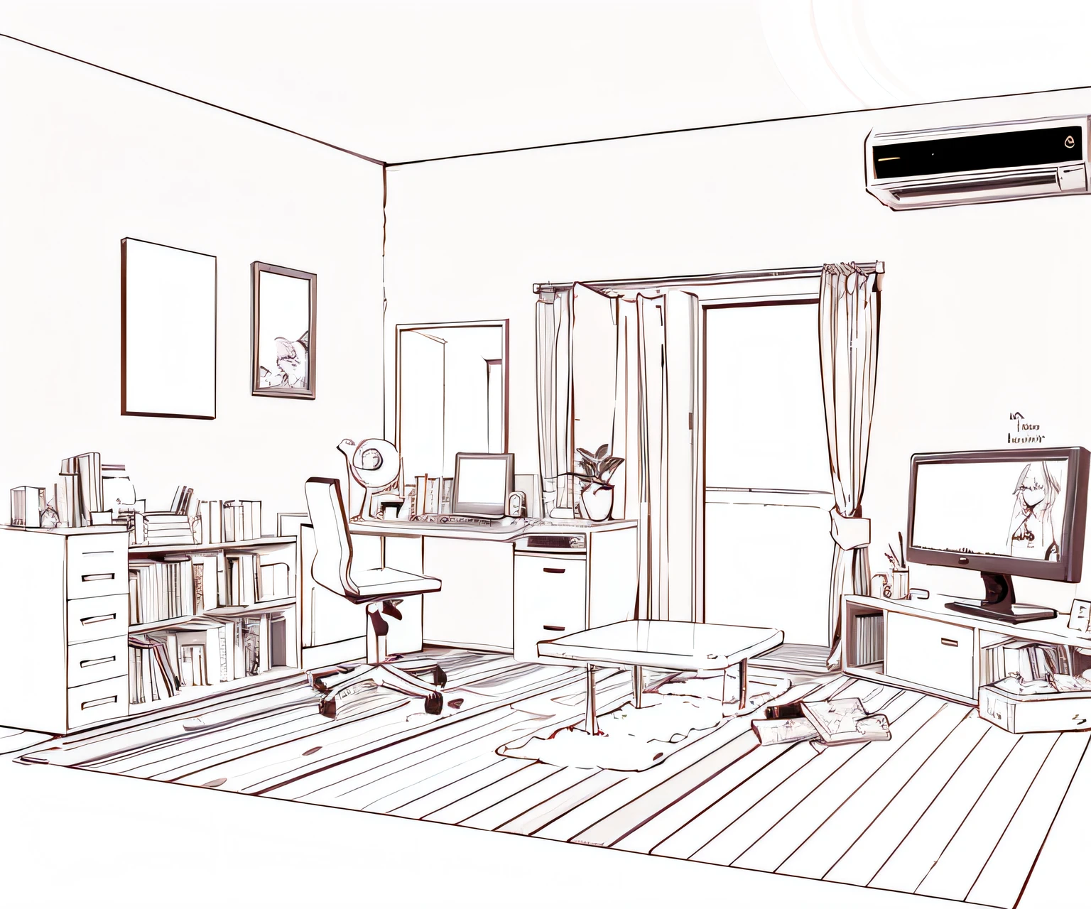 a drawing of a room with a desk, chair, and a television, line art illustration, line art!!, lineart behance hd, an interior of room, style of madhouse studio anime, black and white line art, lineart, in a japanese apartment, interior background art, line art - n 9, illustration line art style, detailed line art