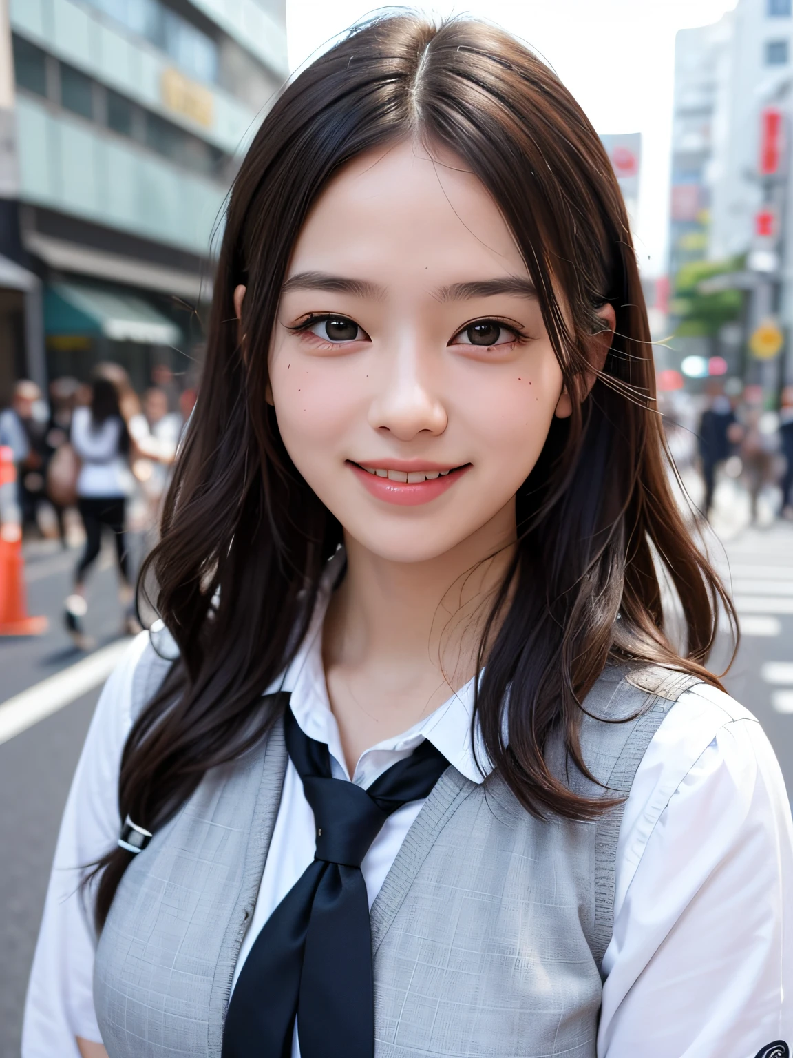 1girl,8k, RAW photo, best quality, masterpiece, realistic, photorealistic, smile, schoolgirl uniform, cute,tokyo street, cityscape, upper body,