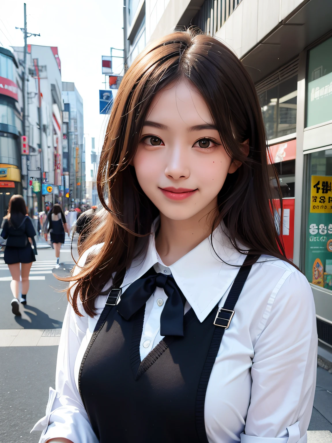 1girl,8k, RAW photo, best quality, masterpiece, realistic, photorealistic, smile, schoolgirl uniform, cute,tokyo street, cityscape, upper body,