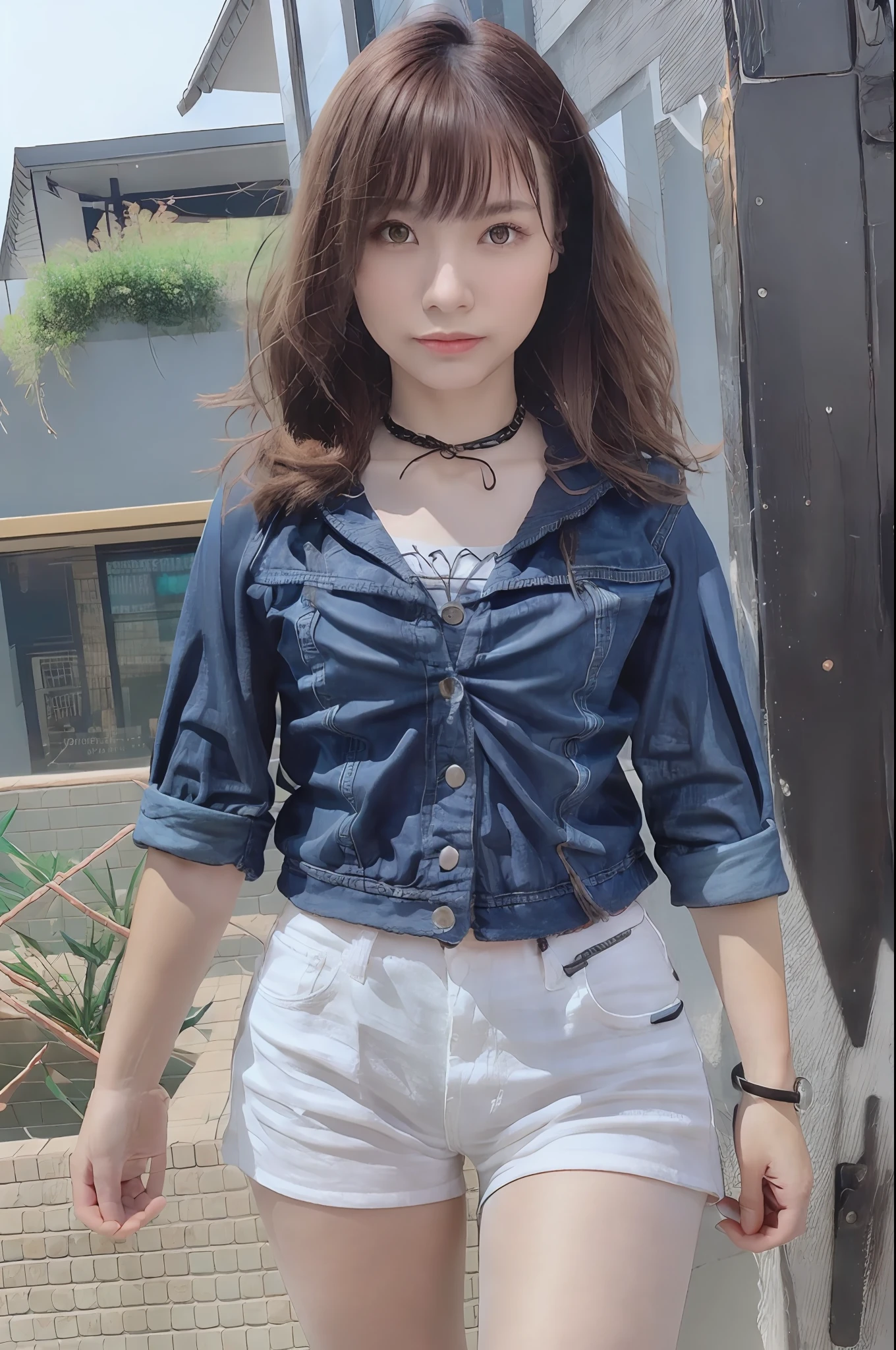 ((medium breast, tomboy girls, small head)), daylight, sunlight, (chiseled abs : 1.1), (perfect body : 1.1), (short wavy hair : 1.2) , auburn hair, collar, chain, full body shot, crowded street, wearing black tanktop, jeans jacket, ((shorts)), (extremely detailed CG 8k wallpaper), (an extremely delicate and beautiful), (masterpiece), (best quality:1.0), (ultra highres:1.0),  beautiful lighting ,perfect lightning, realistic shadows, [highres], detailed skin, ultra-detailed