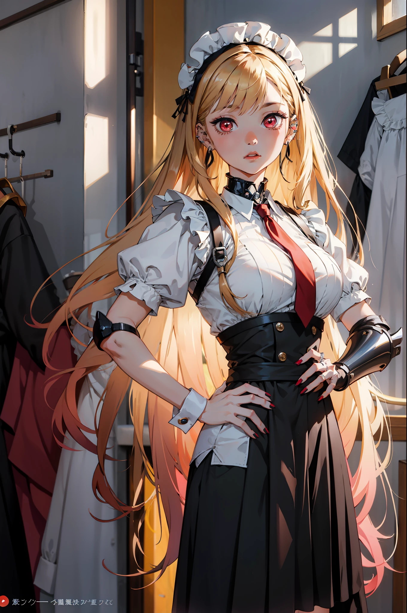 1 girl, marin kita, long hair, blonde, red eyes, piercing, earrings, piercings, stud earrings, black necklace, wrist tightening, long nails, gyaru, (maid mecha armor:1.2), shyness, maid headdress,, (masterpiece: 1.2), high resolution, best quality, 8k, very clear,