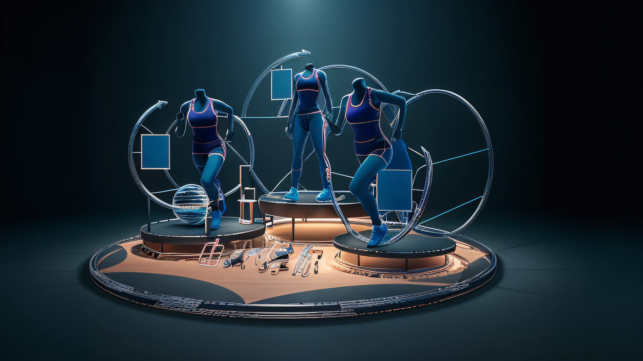 (masterpiece, top quality, best quality),
(Adidas' flagship store design:1.2),Three mannequins of sports poses,(Dummy model:1.3),Women's training clothing,Women's sports vest,dynamic poses,Brilliant lighting ,Metal curved tube,3D arrows,
 in the style of minimalist stage designs,spherical sculptures,Detailed textures,rendered in cinema4d style,Ray tracing