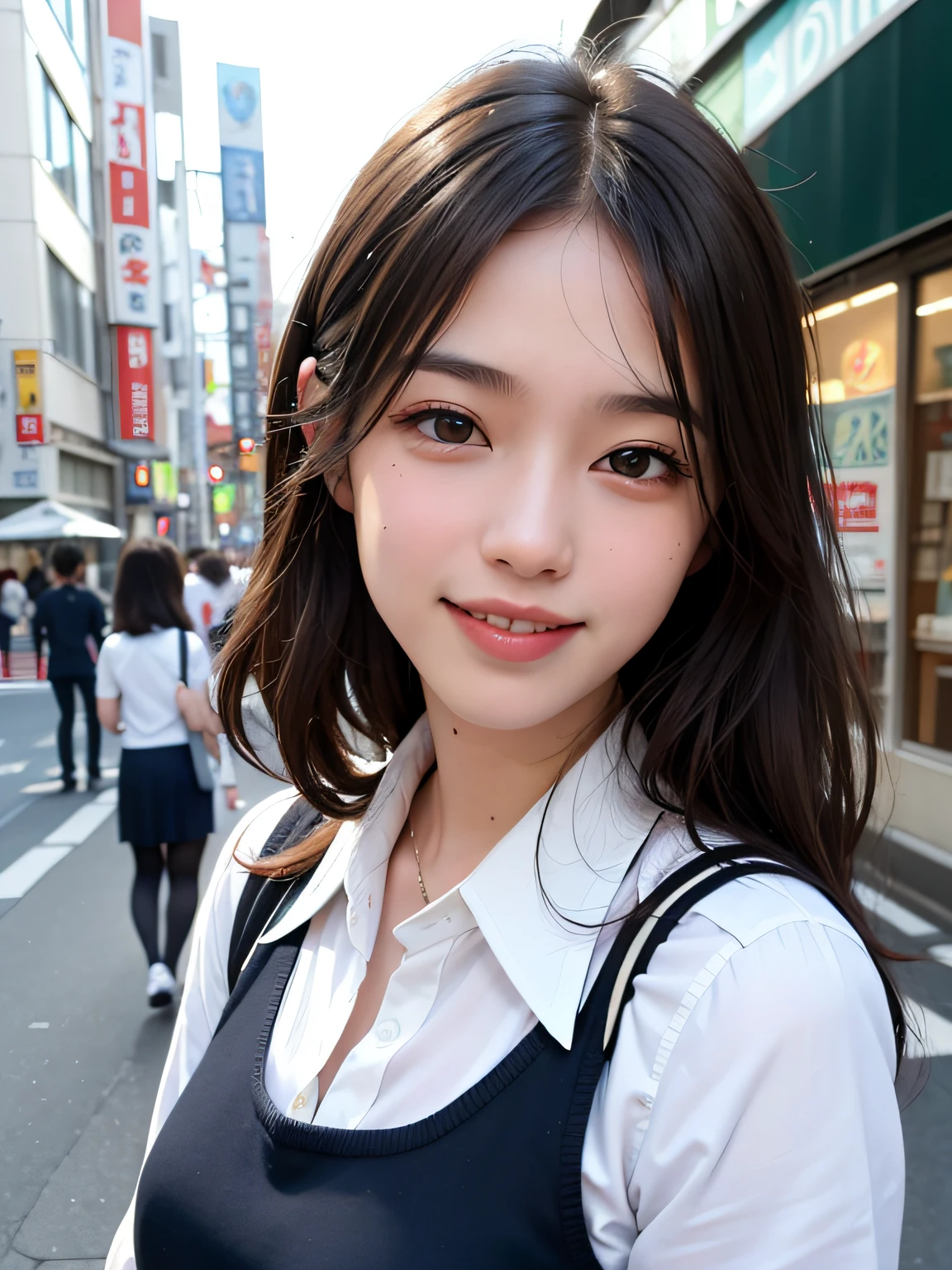1girl,8k, RAW photo, best quality, masterpiece, realistic, photorealistic, smile, schoolgirl uniform, cute,tokyo street, cityscape, upper body,