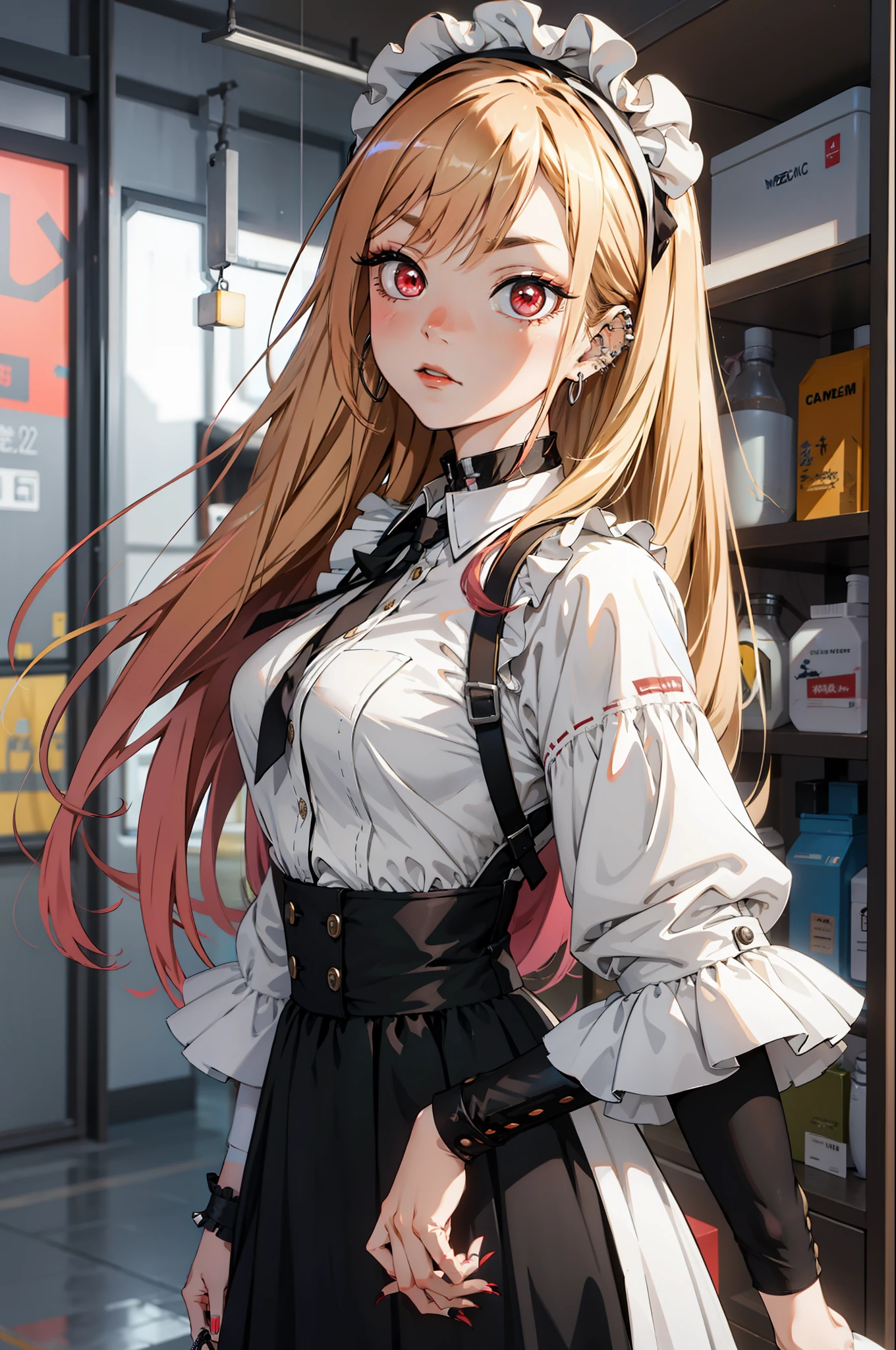 1 girl, marin kita, long hair, blonde, red eyes, piercing, earrings, piercings, stud earrings, black necklace, wrist tightening, long nails, gyaru, (maid mecha armor:1.2), shyness, maid headdress,, (masterpiece: 1.2), high resolution, best quality, 8k, very clear,