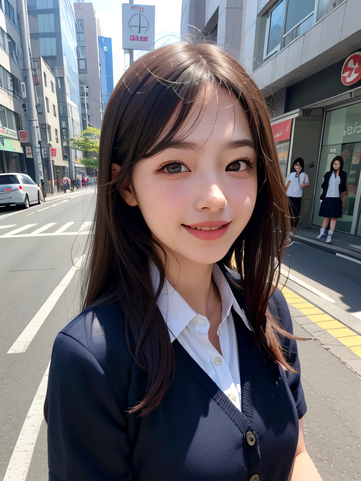 1girl,8k, RAW photo, best quality, masterpiece, realistic, photorealistic, smile, schoolgirl uniform, cute,tokyo street, cityscape, upper body,