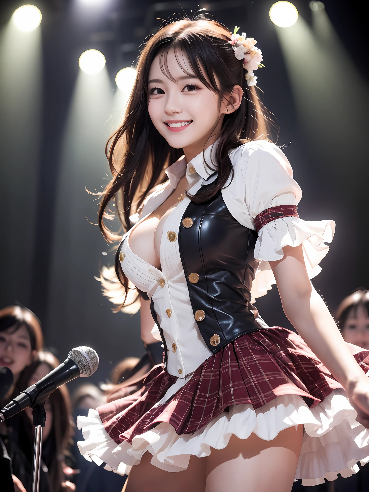 Realistic, Photorealistic, Masterpiece, Best Quality, One Girl, Solo, In the Stage, Stage Lighting, Stage Spotlight, Look At Audience, Smile, idol_singing_costume, (pureerosface_v1:0.8),Korean Idol,Nogizaka Idol,Actress,Gravure Idol
