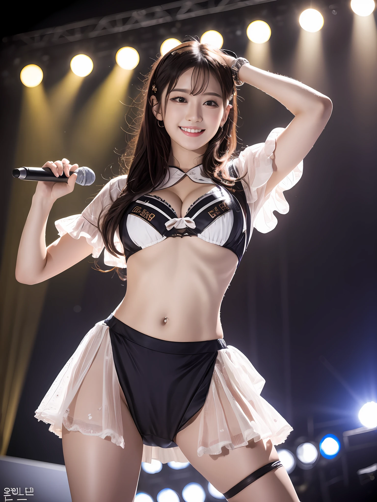 Realistic, Photorealistic, Masterpiece, Best Quality, One Girl, Solo, In the Stage, Stage Lighting, Stage Spotlight, Look At Audience, Smile, idol_singing_costume, (pureerosface_v1:0.8),Korean Idol,Nogizaka Idol,Actress,Gravure Idol
