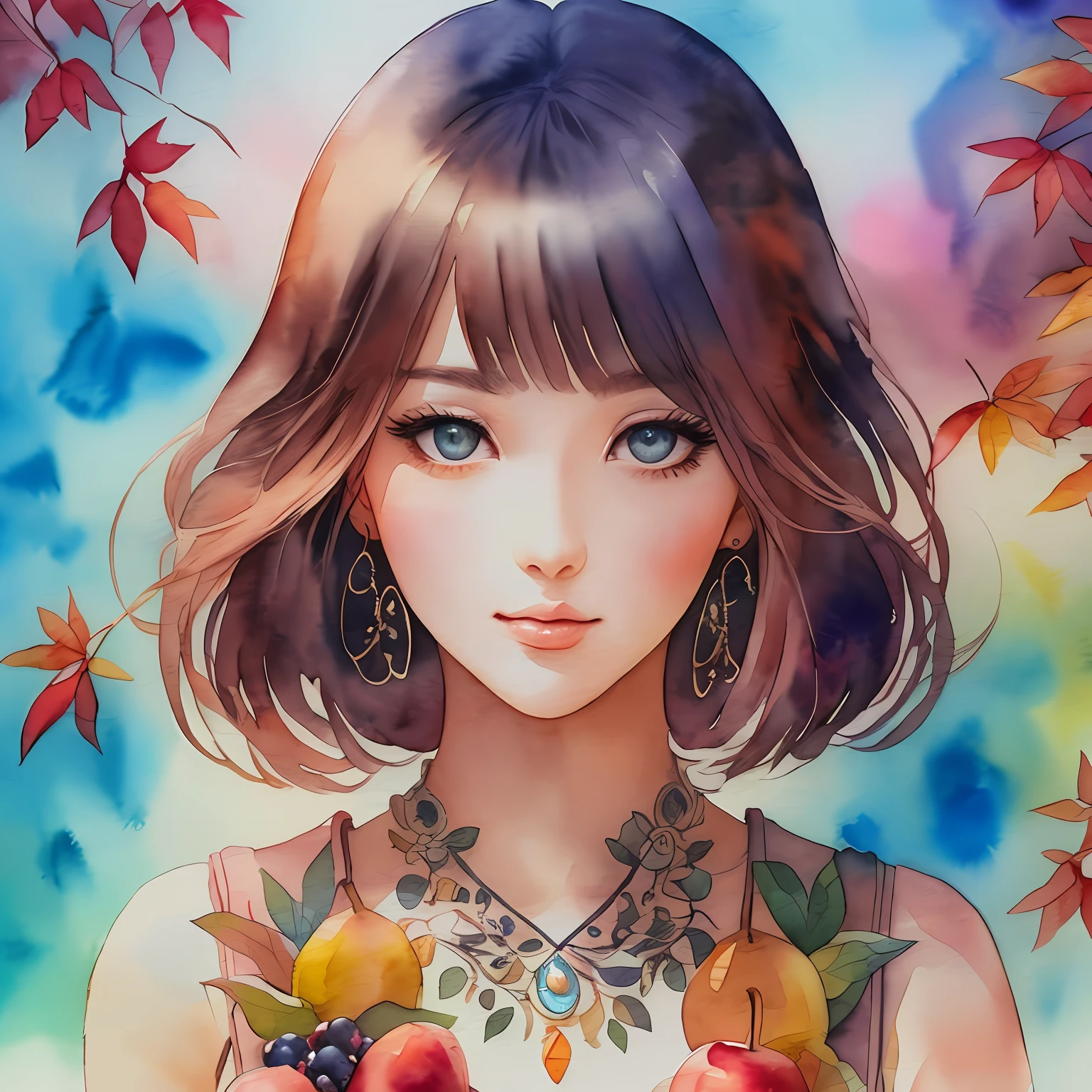 (Best Quality), (Masterpiece: 1.2), (Colorful: 0.9), (Ink Splash), (Color Splash), ((Watercolor)), Sharp Focus, (Portrait Summer Goddess: 1.5), Cute Look, Elegant Maroon Haircut, Beautiful Detailed Face and Eyes, Elegant Clothes, Autumn Fruits Background, Colored Water