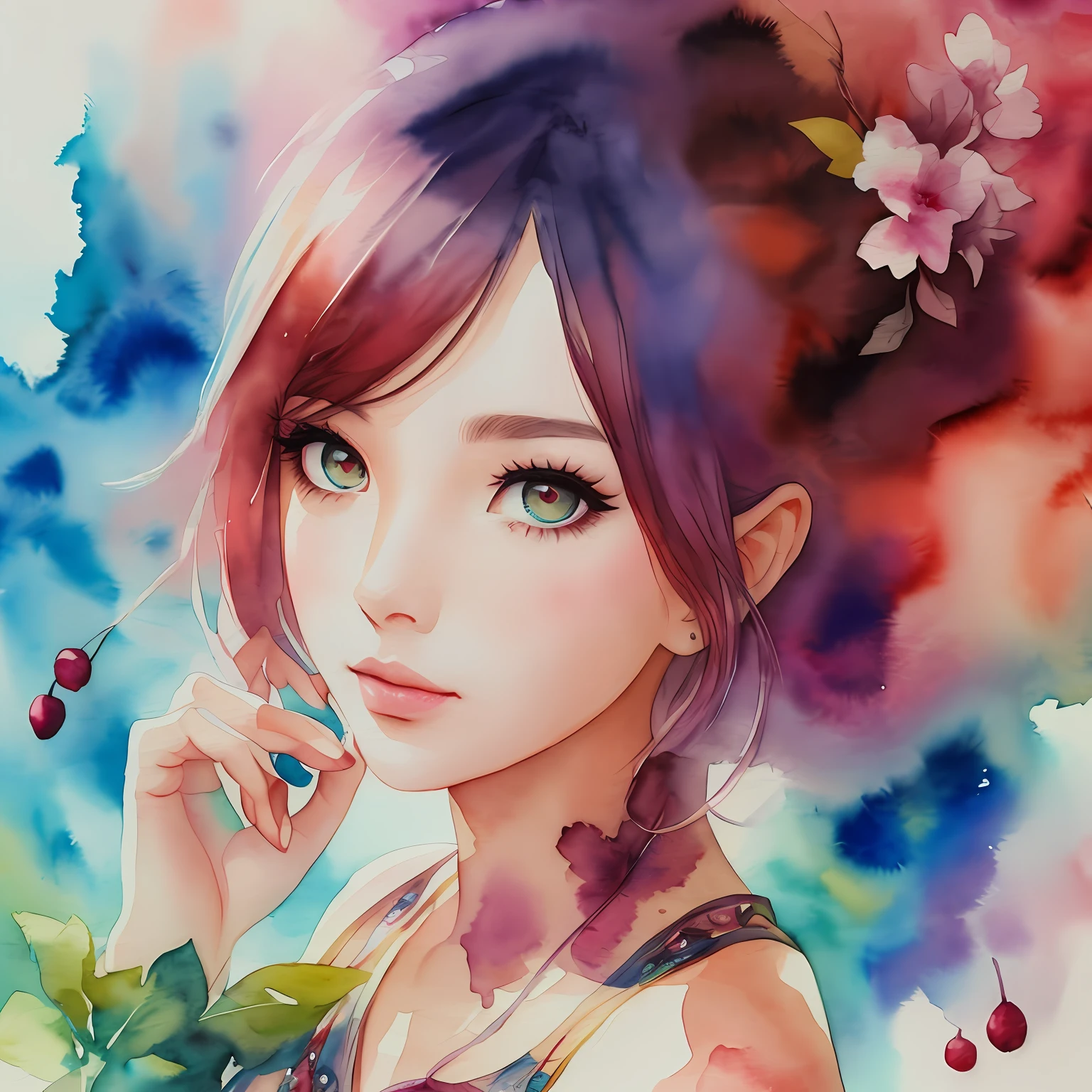 (Best Quality), (Masterpiece: 1.2), (Colorful: 0.9), (Ink Splash), (Color Splash), ((Watercolor)), Sharp Focus, (Portrait Summer Goddess: 1.5), Cute Look, Elegant Maroon Haircut, Beautiful Detailed Face and Eyes, Elegant Clothes, Autumn Fruits Background, Colored Water