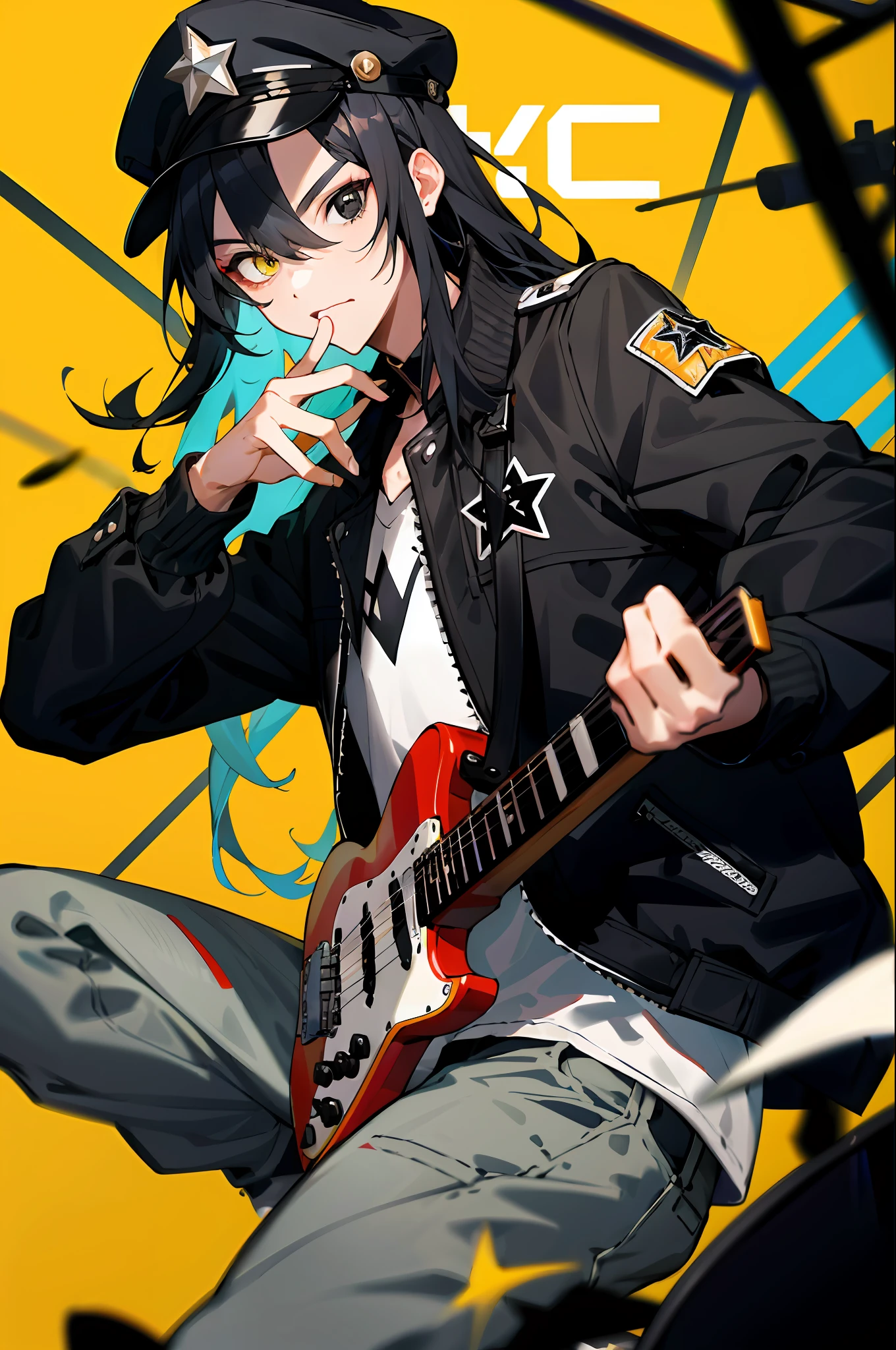 Rockstar, musician, drummer, virtuoso, cap, cool, colorful, absurd, best quality, 1guy, solo, look at the viewer, eye focus, LucoaDM, CasualCL, pants, torso, leather jacket, heterochromia, eye focus, long black hair
ADCOMM
Black Eyes
ADDCOL
(black eyes: 1.5), slit pupils, light pupils, yellow pupils