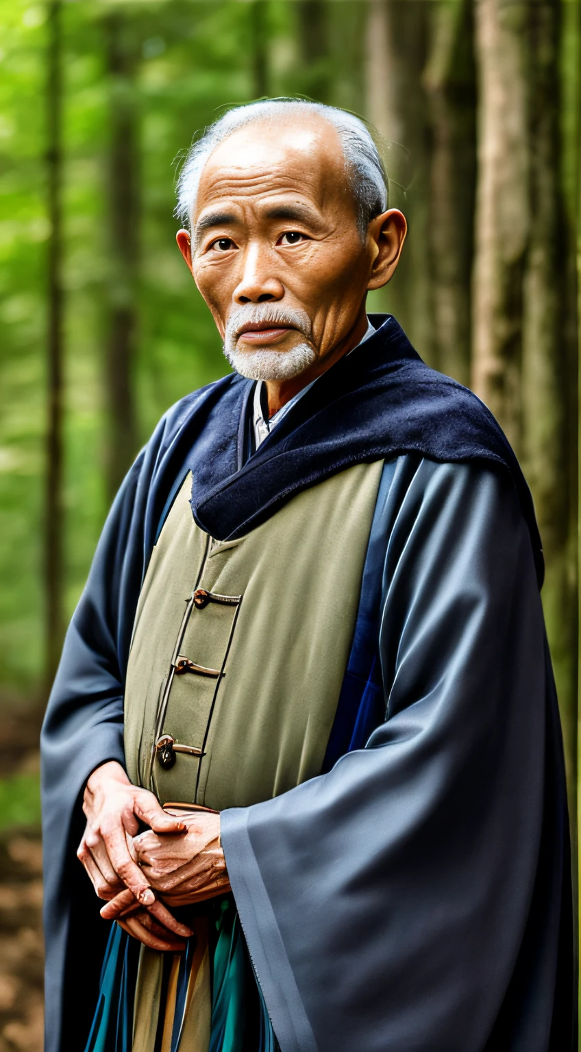 Portrait photography style, world masterpiece, super unique high professional digital art, film format, hyper-realism, color cinematography with ultra-fine details and quality, background is deep in the forest, an old man in rural China, an old man with wisdom. He wears an old cloak and his eyes are kind and shrewd. His skin has been blackened and powerful by the sun and rain, and the wrinkles are fixed on the corners of his mouth and forehead, making it seem that his years have precipitated. Although wearing a dark gown, although simple in appearance, it exudes sublime wisdom and a sense of tenacity of strength.