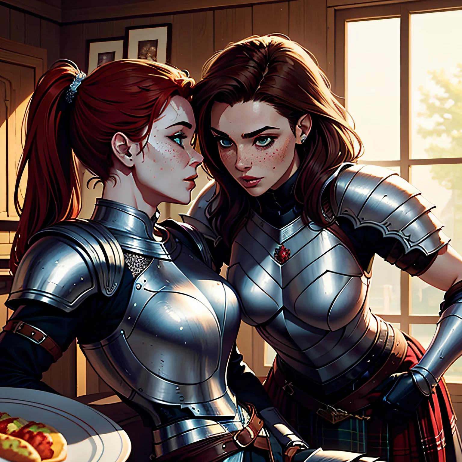 (masterpiece), (highly detailed face), (4K), (2girls), The focus is on a muscular dominant white female knight with medium length brown hair in a pony tail. The female knight is wearing plate armor and has a flirty expression. She is leaning over a fit Scottish woman with straight red hair. The Scottish woman has green eyes and freckles on her face and is also wearing armor. Leaning close, lesbians, sexual tension, mature woman.