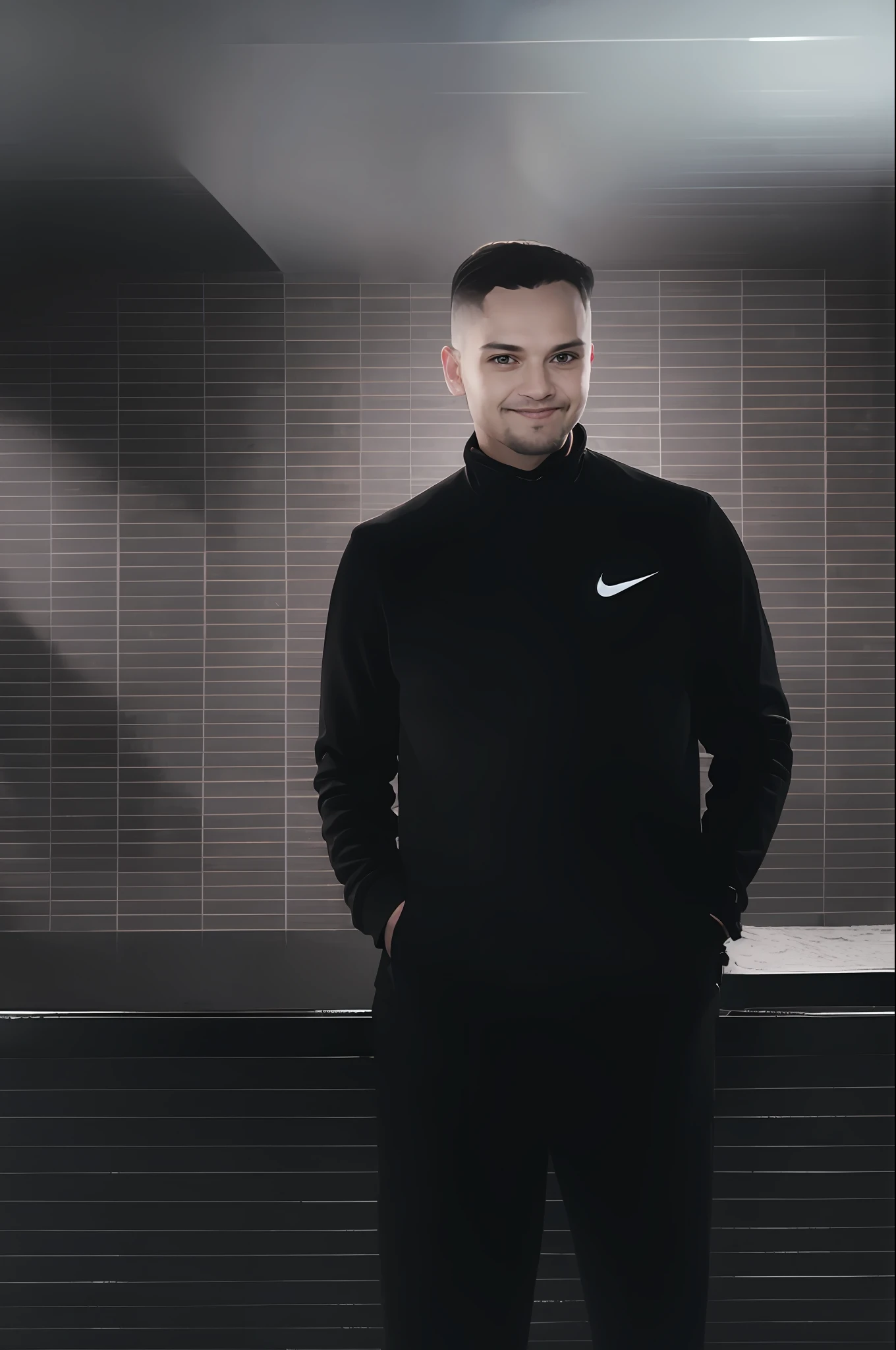 portait 50mm lens, cinema Golden hour ilumination, Montain on background, winter Nike clothes, smiling