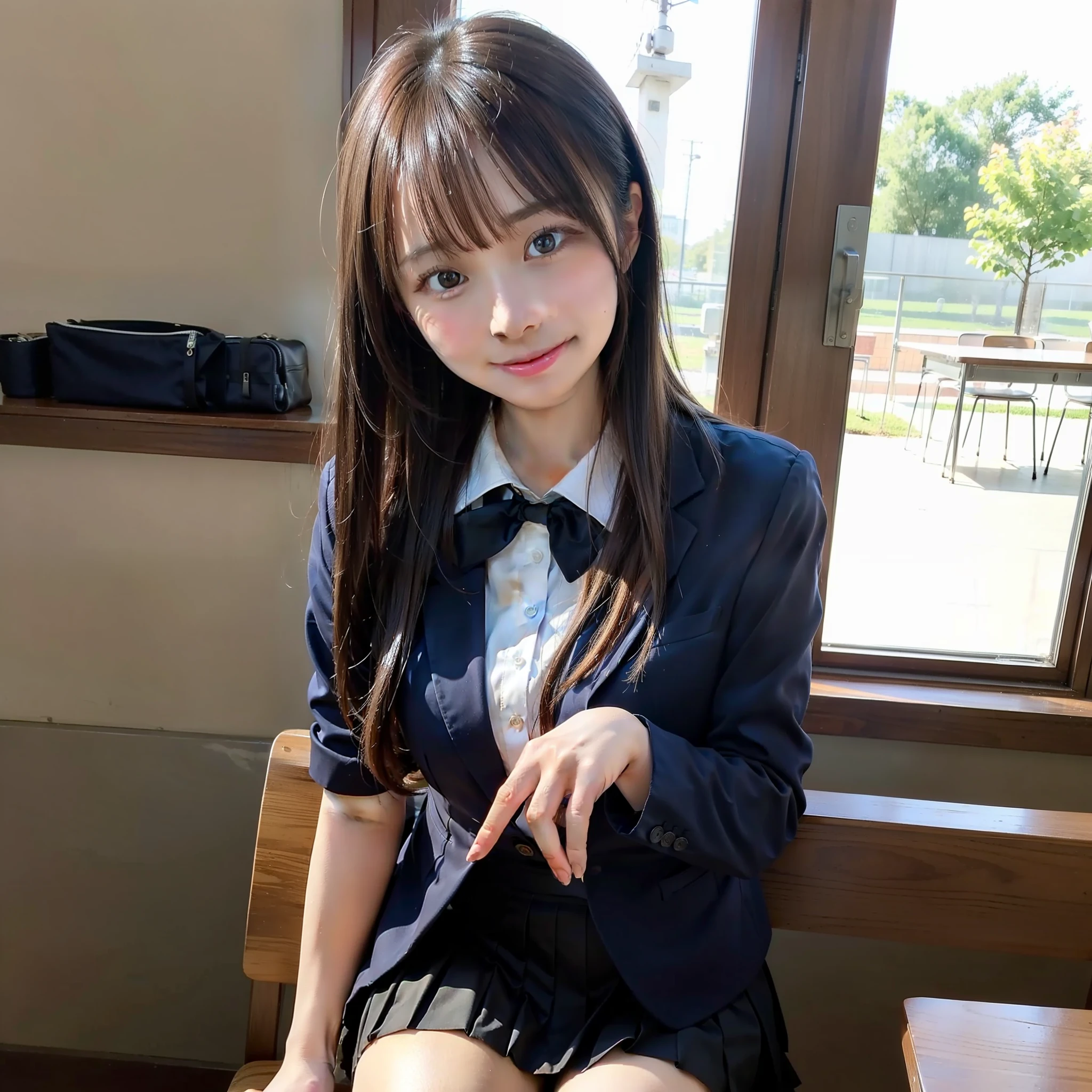 1 girl, best quality, facial focus, soft light, (depth of field), ultra high res, (photorealistic: 1.4), RAW photo, (upper knees: 1.4), (side) 1Japanese girl, solo, handsome, (shy, smile: 1.1), (brown eyes), detailed beautiful face, (long hair), High school classroom, (seated chair), (school uniform: 1.4, navy skirt, navy Blazer)