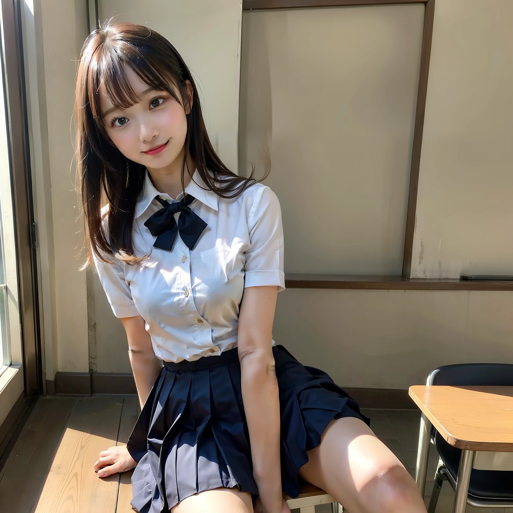 1 girl, best quality, facial focus, soft light, (depth of field), ultra high res, (photorealistic: 1.4), RAW photo, (upper knees: 1.4), (side) 1Japanese girl, solo, handsome, (shy, smile: 1.1), (brown eyes), detailed beautiful face, (long hair), High school classroom, (seated chair), (school uniform: 1.4, navy skirt, navy Blazer)