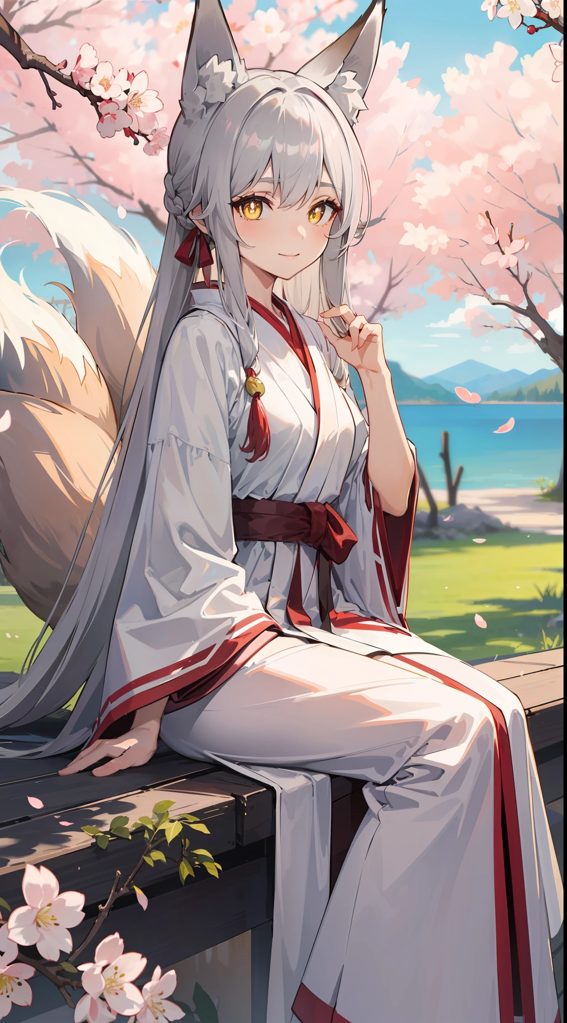 Under the cherry blossom tree was a fox-eared girl, her hair is gray and tied up beautifully, yellow eyes with sharp pupils, she was wearing white robe, sitting with a beautiful smile, she is fox girl with 9-tails, 8k, beautiful scenery ((no other ears but fox ears))
