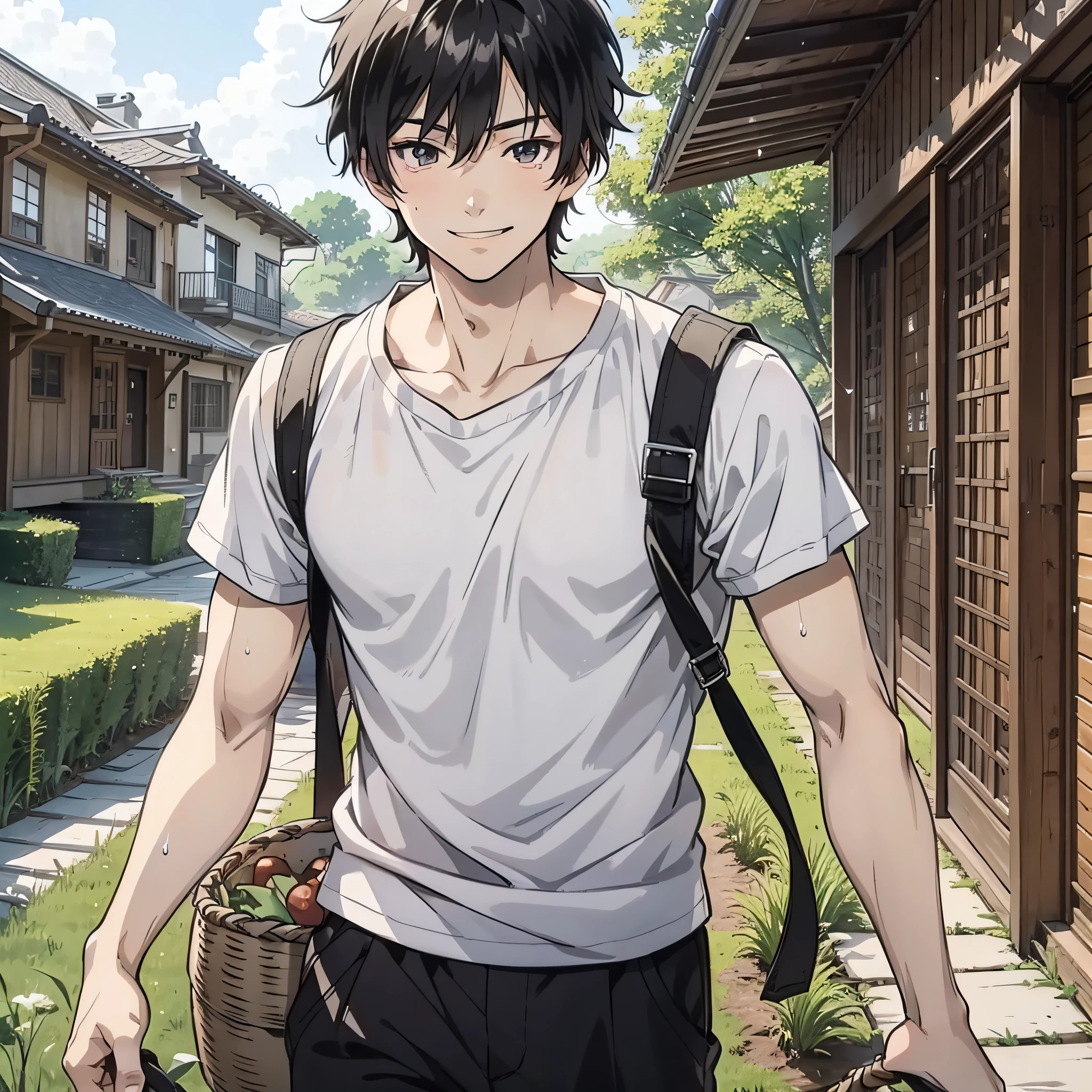 A young anime guy with short black hair and a white shirt about 30 years old stands in the yard in front of the house, behind him a large bamboo basket full of grass, (smile expression 1.3) (walking action 1.5) (sweat 1.5) (background yard in front of the house 1.5) anime style 4 K, anime rendering, anime style. 8k, handsome anime face (upper body display 1.5) (handsome boy 1.3) (cinematic light 1.5)