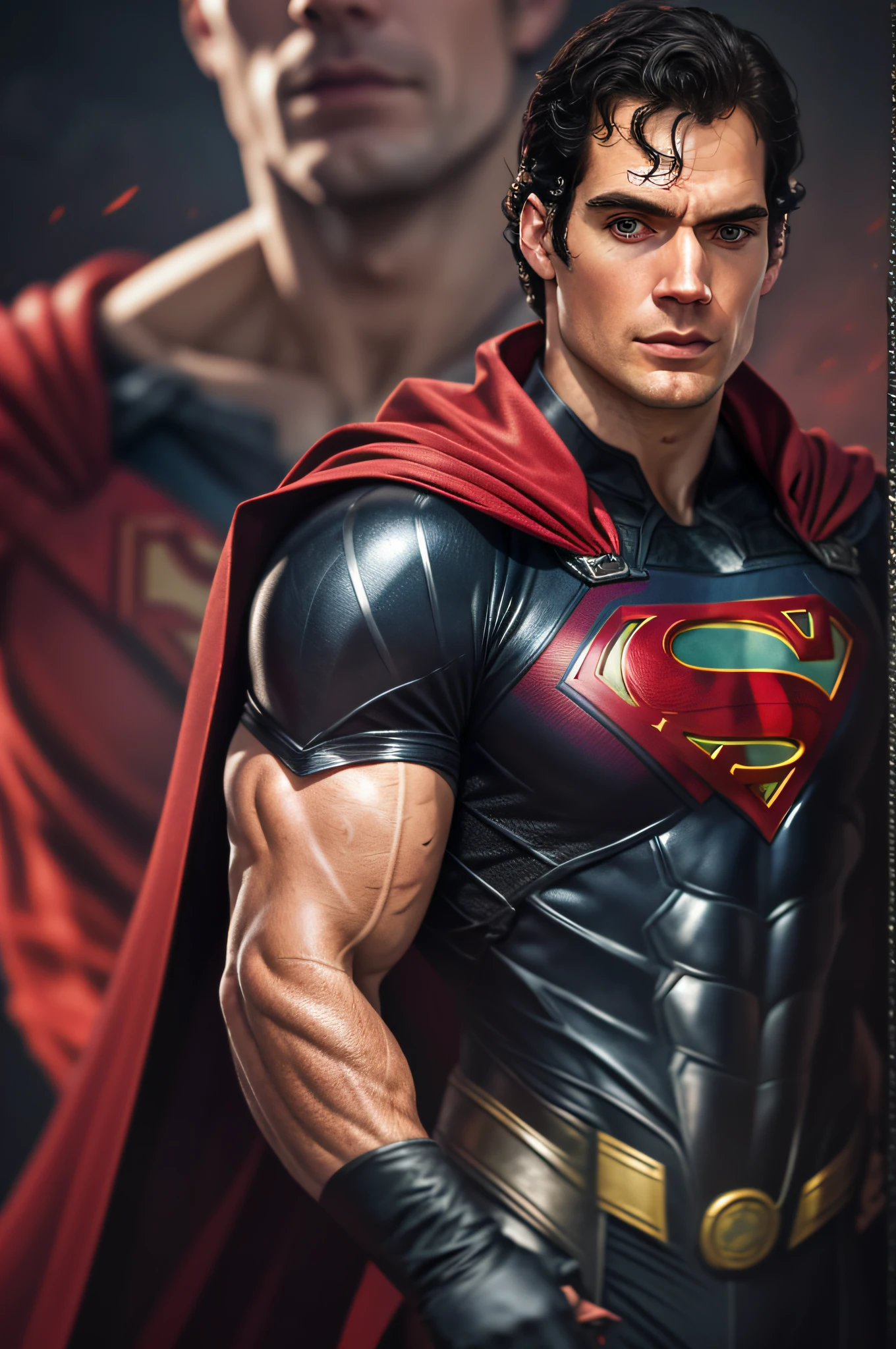 Henry Cavill as Superman, 40s year old, all black and red details suit, big S symbol on the chest, red cape, strain of hair covering forehead, short cut hair, tidy hair, tall, manly, hunk body, muscular, straight face, black hair, best quality, high resolution:1.2, masterpiece, raw photo, dark background, detailed suit, detailed face, upper body shot