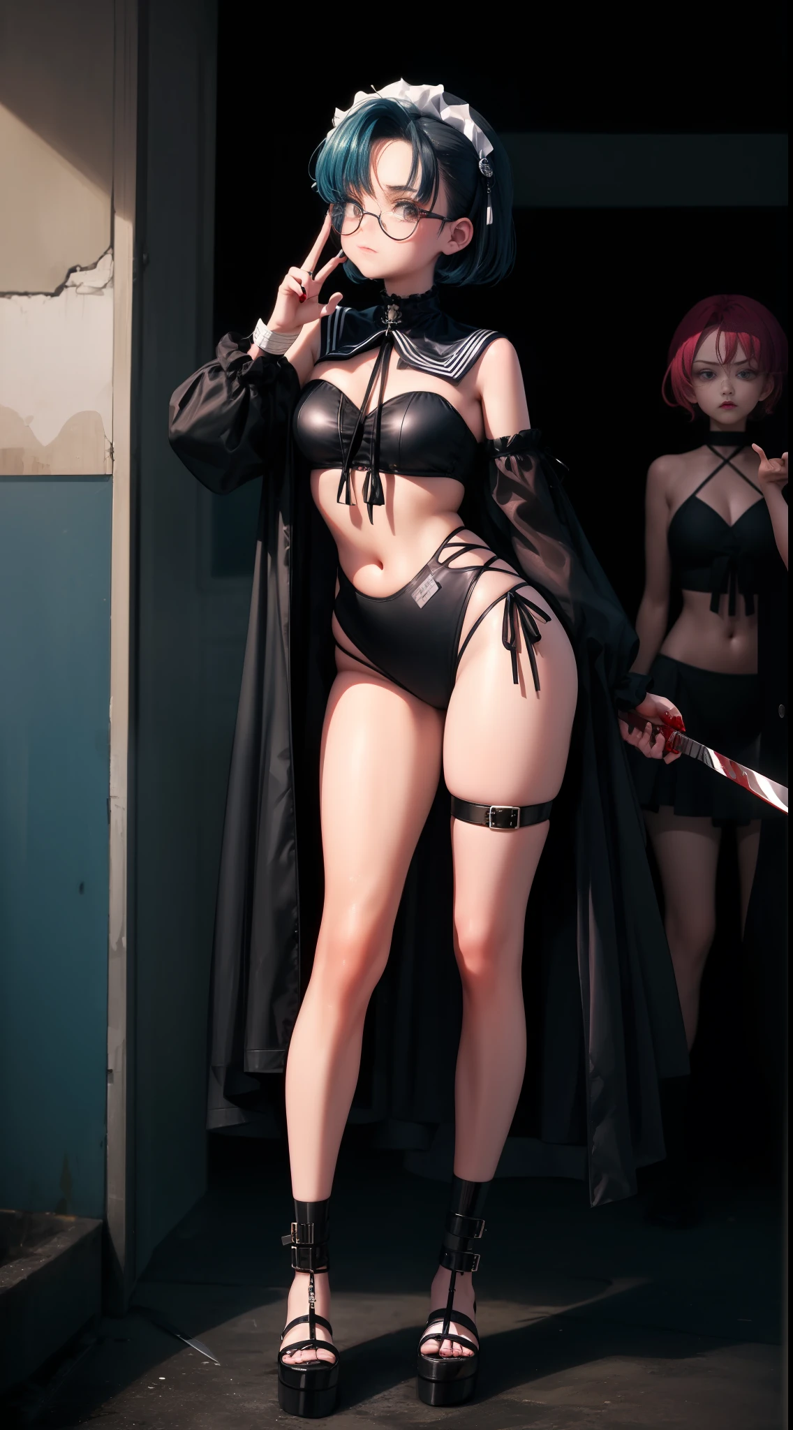Masterpiece, Best Quality, Darkness, Blood, 1girl, Bandage, Wound, Despair, Tears, Full Body, Death, Collapse, Fruit Knife Close-up of three girls in different costumes, Grunge Style, Grunge Aesthetics!!, Grunge Aesthetics!! (, sexy gloomy style, grunge aesthetic, Y2K style, y 2 k style, punk style, this set style, gothic style, retro aesthetic, 90s style, retro look, standing, 1. hang black long straight
2. Drug dependence Sailor Take
3. Split personality Scissorhands/heart gestures
4. Transparent people glasses
5. Drowning swimwear
6. Suffocation lo niang
7. Shirakosu Harajuku style
8. Funeral Spice Girls