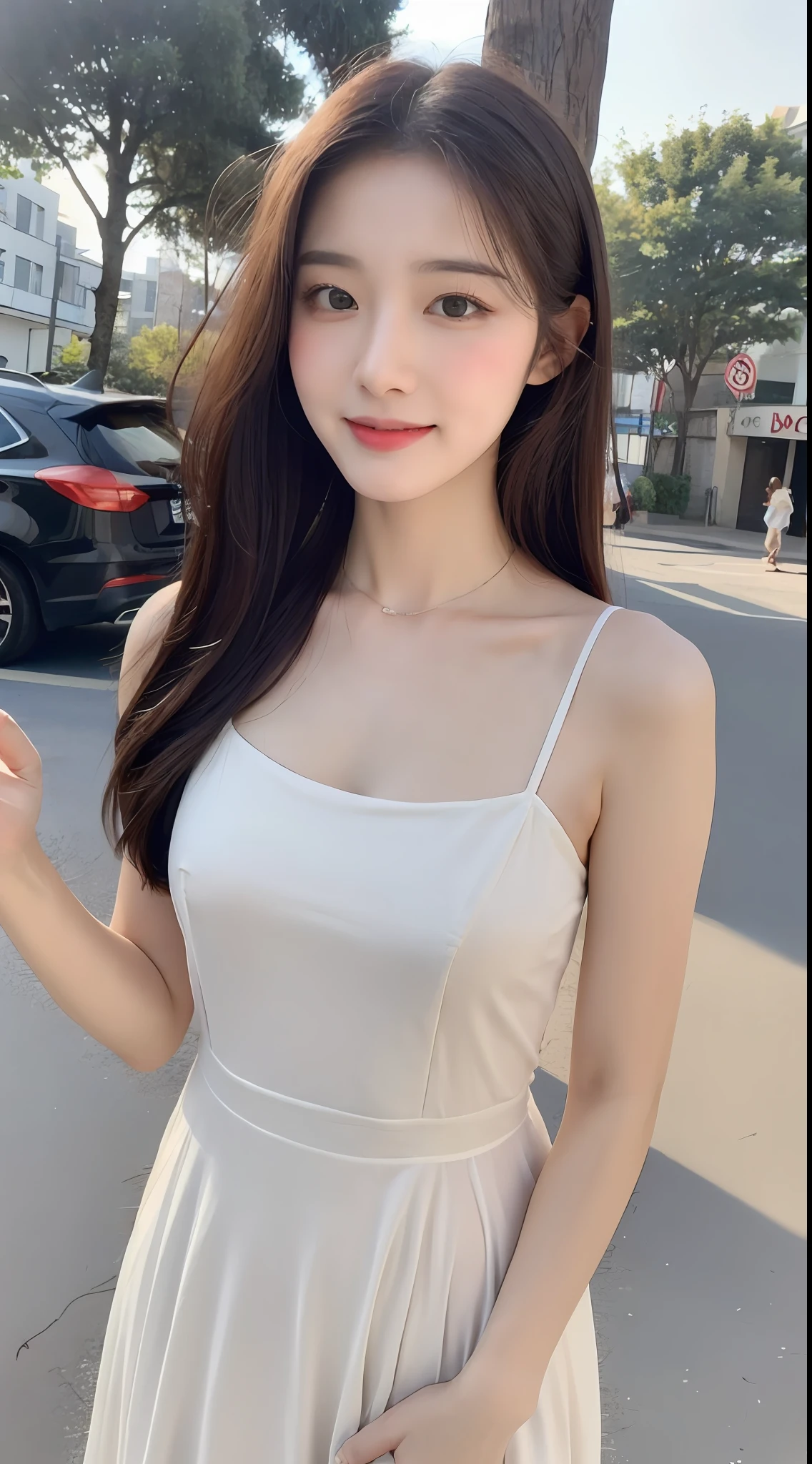 (1 Korean girl with royal sister style), ((best quality, 8k, masterpiece: 1.3)), (front photo) , perfect body beauty: 1.4, (hips, extremely beautiful legs: 1.2), (smile), (Street: 1.3), highly detailed face and skin texture, fine eyes, double eyelids, whitening skin, (shawl hair: 1.3), (round face: 1.5), (slip dress: 1.4),