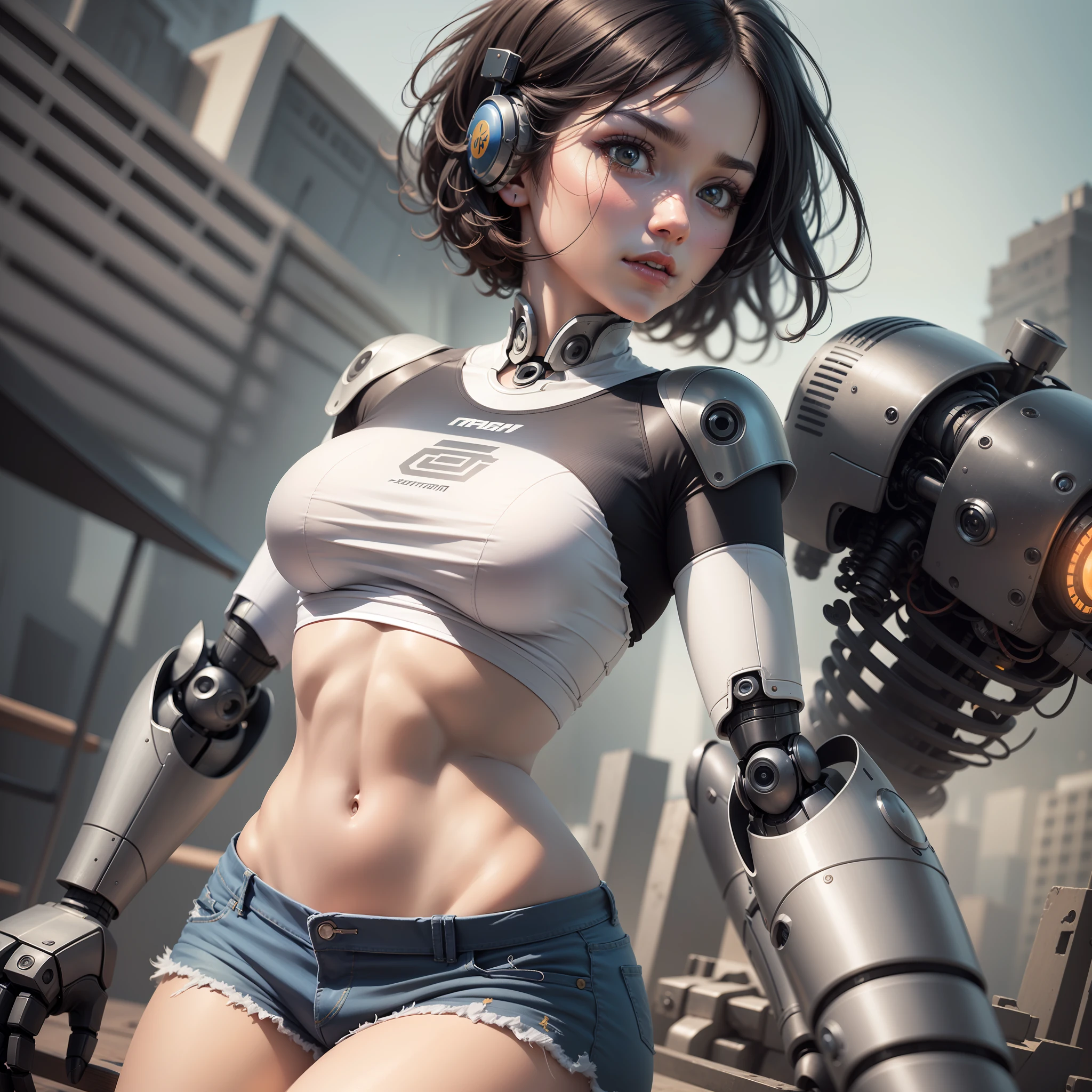 imagine a realistic drawing of 1 robot girl, professional pose, sport shirt, part human and part robot, black hair, robot cut, medium breasts, medium jean shorts, robotic abdomen, mechanical left arm, ultra-detailed robotics, full right leg mechanical, human left leg, parts, chest core, dynamic profile