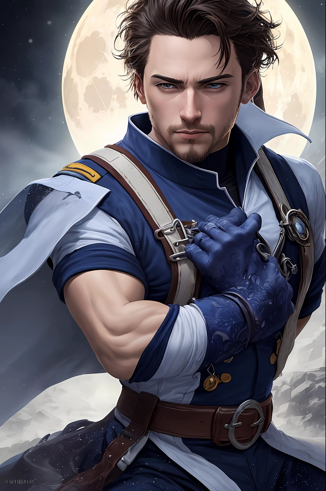 (Painting: 1.3) from (Detailed illustration: 1.3) A (full body: 1.3) shot in 8k resolution, splash art, fantastic style of comics, photorealistic, intense visual, anatomical photorealistic digital painting portrait of a (man: 1.3) human (sailor: 1.3) in intricate blue and white (the navy uniform: 1.3) in a (full moon night in a shipwreck: 1.3), light particle,  Very detailed PE, samurai, very detailed eyes (old ring style: 1.3), (Warhammer style:1.1), conceptual artist, global lighting, depth of field, splash art, art by Artgerm and Greg Rutkowski and Viktoria Gavrilenko