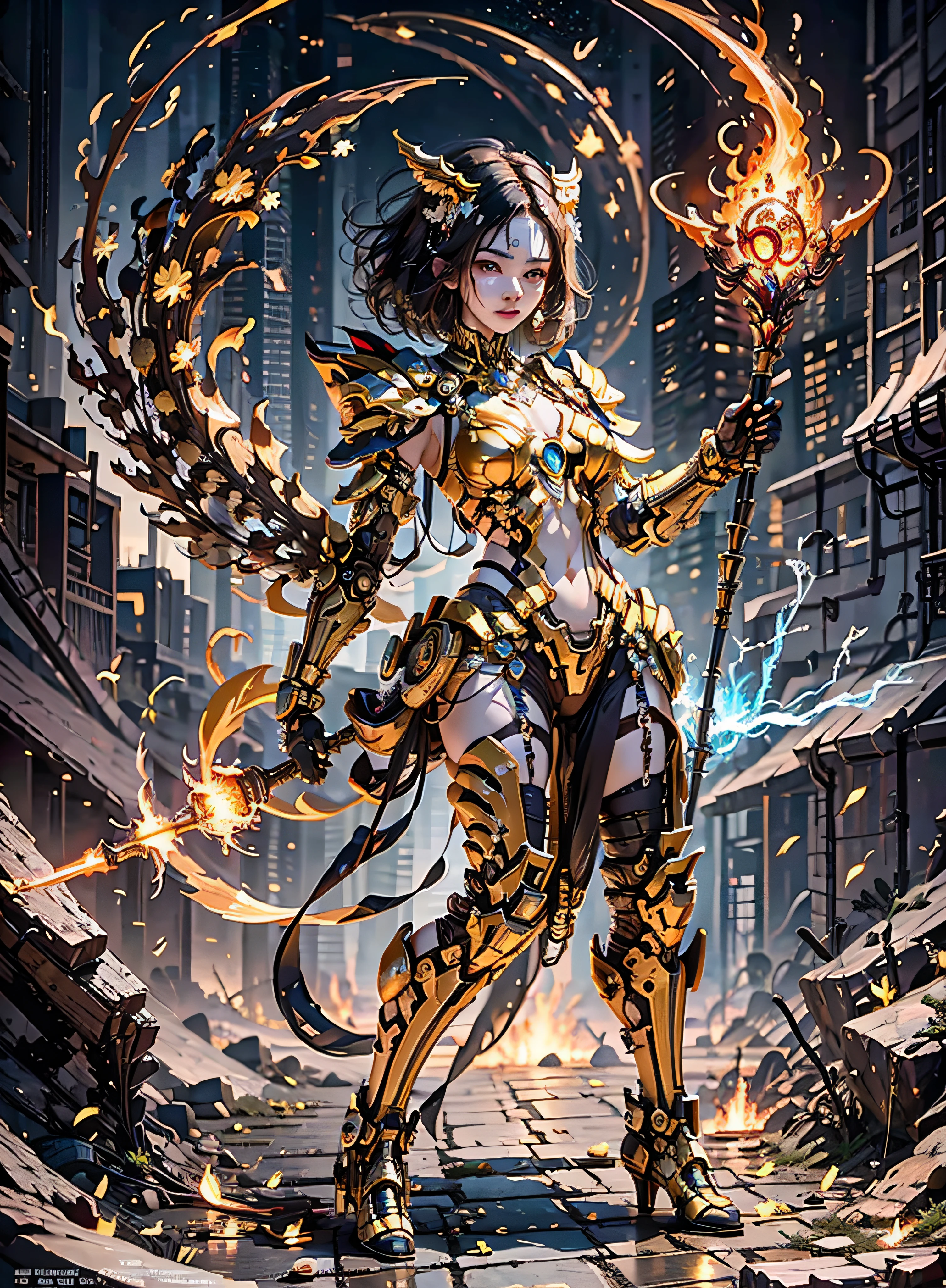 a beautiful demonic sorceress casting a fire spell,((holding a long golden majic staff)), full body, several burning currents around her,(((detailed perfect face))), light smile, beautiful face, seductive body, tall body, mature body, full body, burning aura BREAK, fireballs, dazzling orange and yellow spark around, little blue phoenix flying in the background, lava on the floor, magma, sexy body BREAK, detailed, realistic, 8k highly detailed digital art, octane rendering, bioluminescent, BREAK 8K concept art resolution, realism, by studios Mappa, masterpiece, best quality, official art, illustration, ligne claire, (cool_color), perfect composition, absurdists, fantasy, focused, rule of thirds,