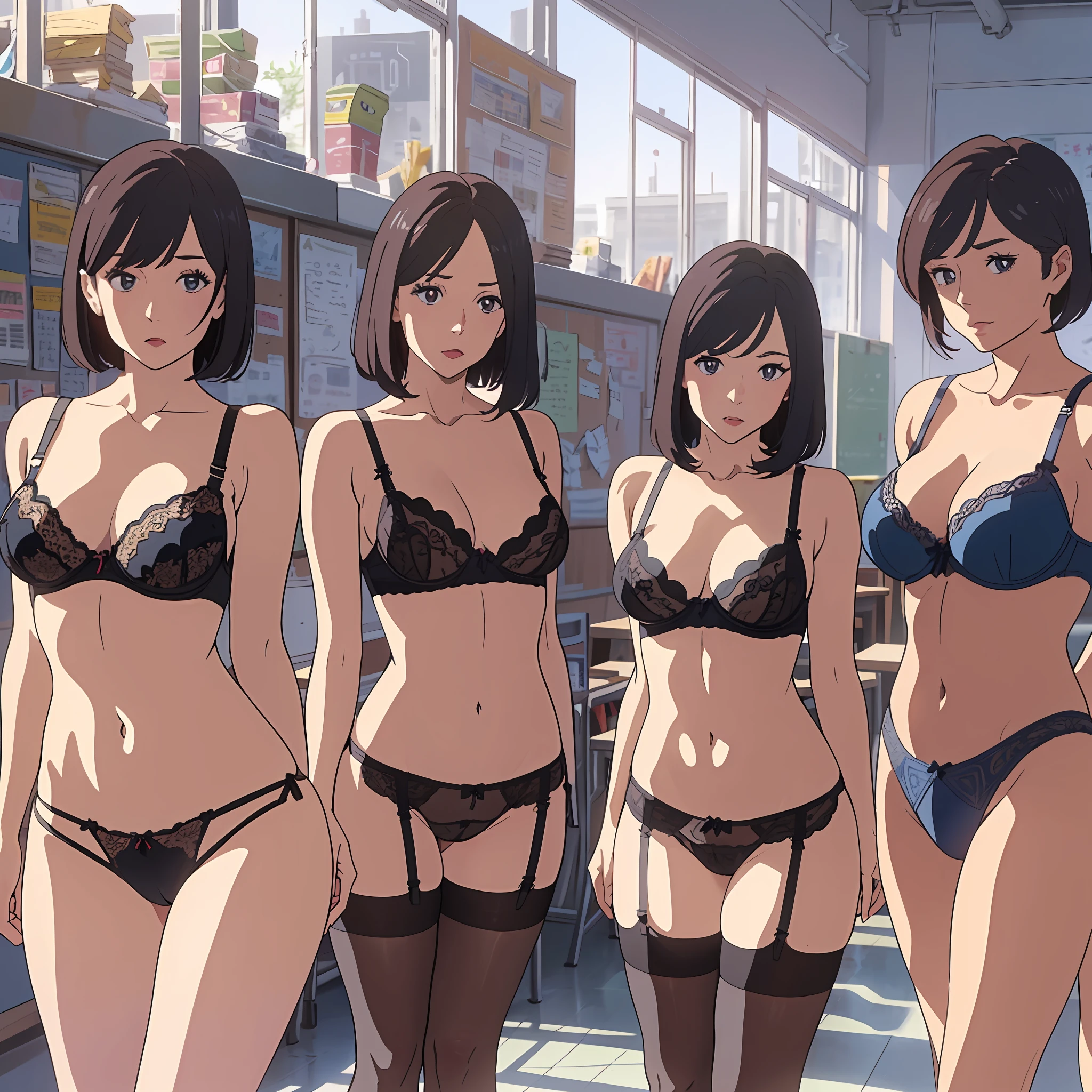 ((((incredibly ridiculous))))), ((absurd)), anime style, (one adult female teacher and three little boys),3 female teachers standing together in the park,((Female teacher in lingerie),(Bra))), lingerie, student:1.3),, excursion, kindergarten teacher, kindergarten, bra, panties,(large buttocks:1.2),bob cut, natural lighting,(female teacher without skirt),(female teacher without blouse),big eyes、small breasts,pubic sheer,Japan,person female, small breasts, double eyelids, slender figure, dark hair, round face, short hair, Black Eyes, Pubic Hair Sheer, Topless, Stockings, Anime Painting --auto --s2