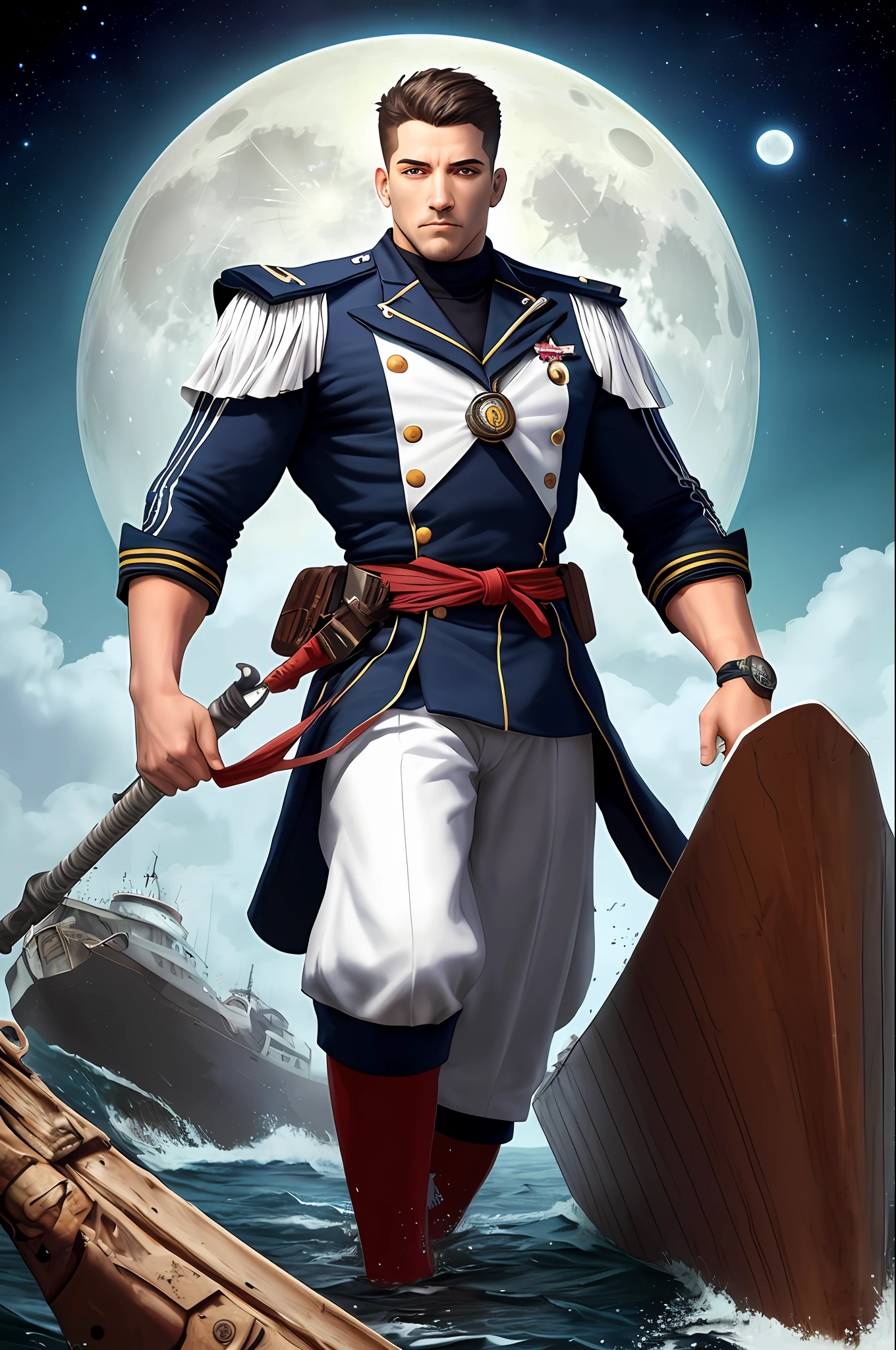 (Painting: 1.3) from (Detailed illustration: 1.3) A (full body: 1.3) shot in 8k resolution, splash art, fantastic style of comics, photorealistic, intense visual, anatomical photorealistic digital painting portrait of a (man: 1.3) human (sailor: 1.3) in intricate blue and white (the navy uniform: 1.3) in a (full moon night in a shipwreck: 1.3), light particle,  Very detailed PE, samurai, very detailed eyes (old ring style: 1.3), (Warhammer style:1.1), conceptual artist, global lighting, depth of field, splash art, art by Artgerm and Greg Rutkowski and Viktoria Gavrilenko