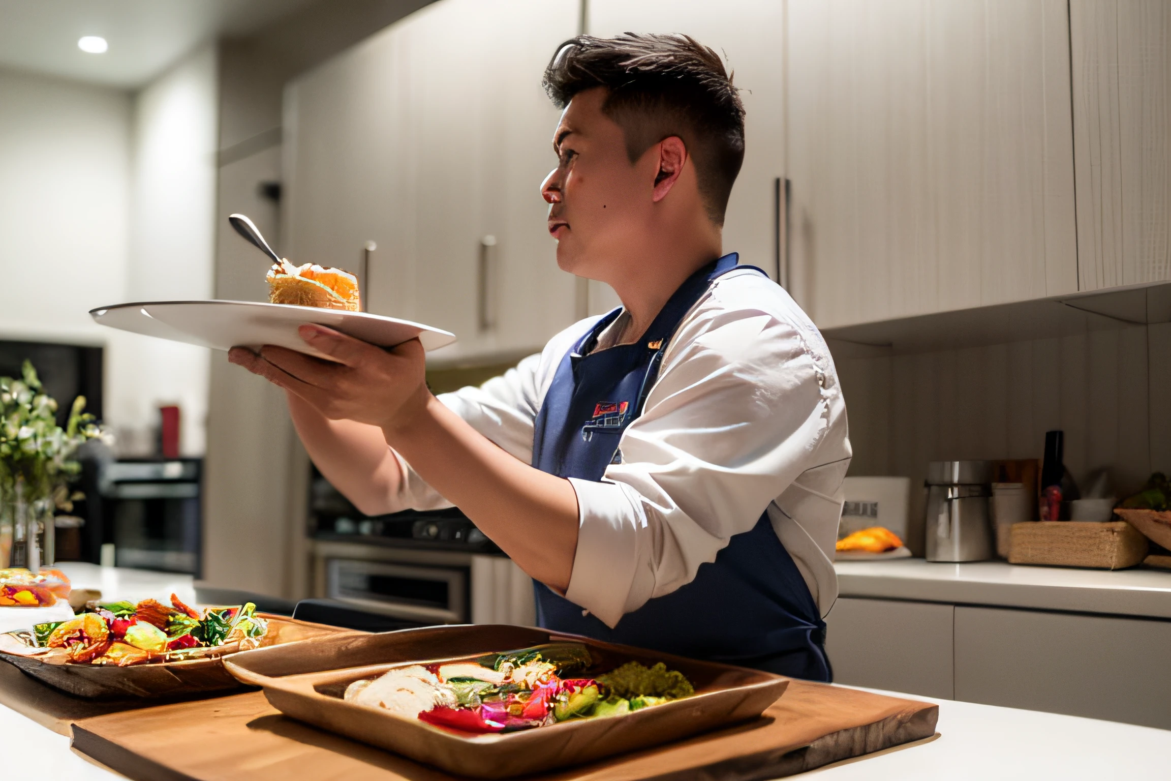 chef preparing food in a kitchen with a variety of dishes, inspired by Lu Guang, best chef, inspired by Pan Tianshou, inspired by Zhang Zongcang, inspired by Luo Ping, longque chen, inspired by Liu Haisu, inspired by Guo Chun, inspired by Miao Fu, mu pan, inspired by Huang Guangjian