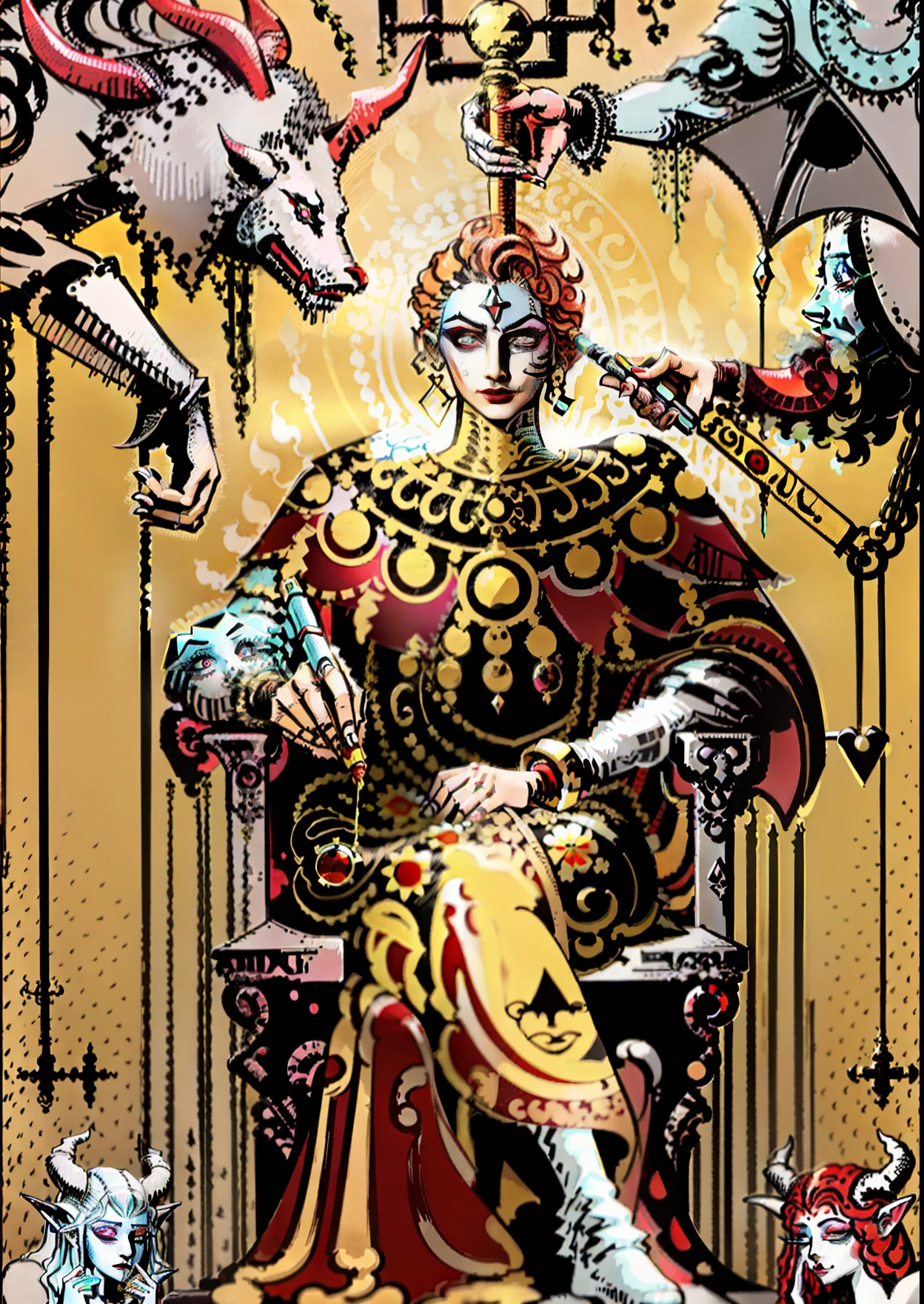 Make a tarot-style image of a human makeup artist sitting in a chair in front of a mirror helping a demon to put on makeup, this human makeup artist holds a lipstick in his left hand and a small mirror in his right hand